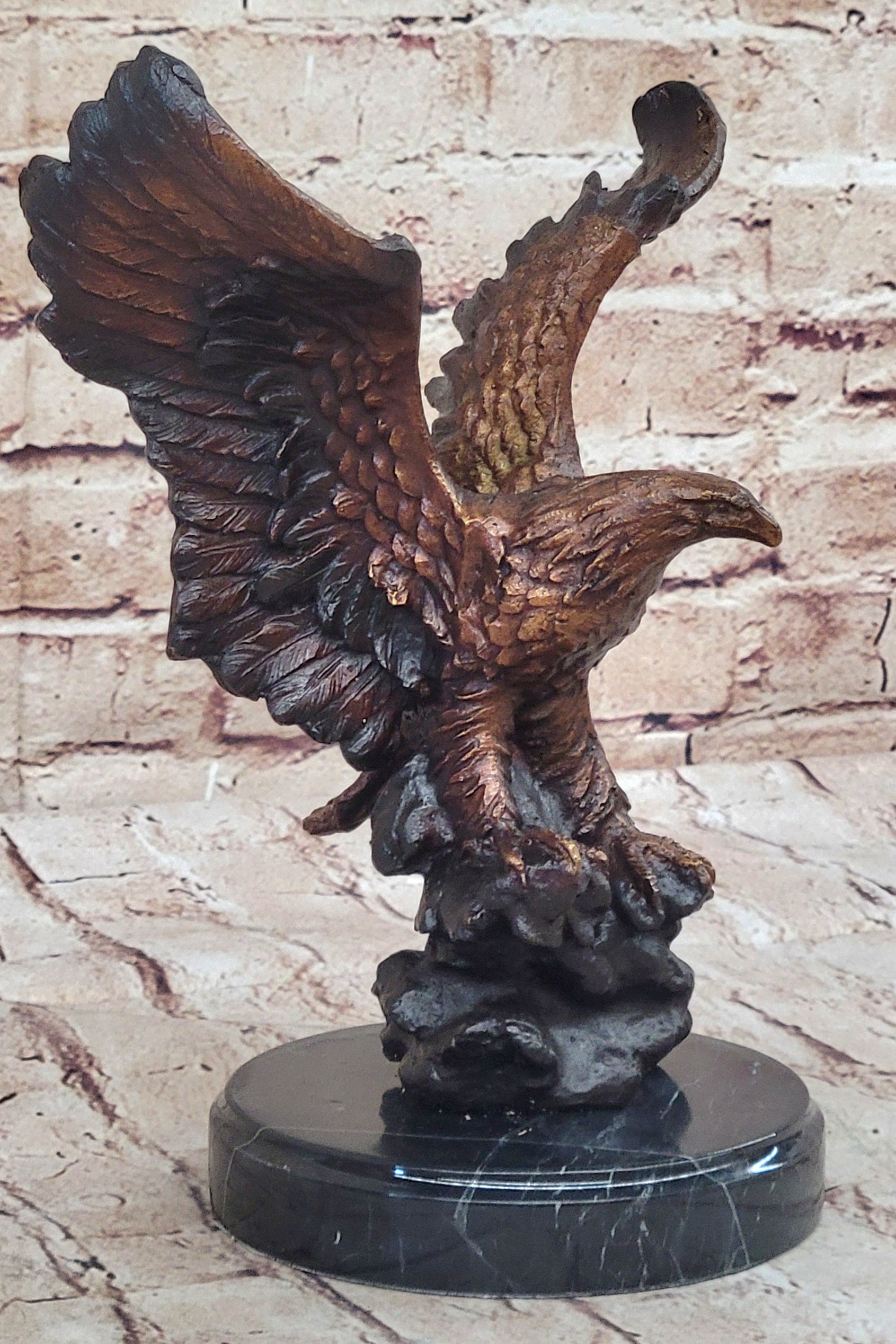 American Bald Eagle with Wings Spread Hot Cast Bronze Sculpture on Marble Base
