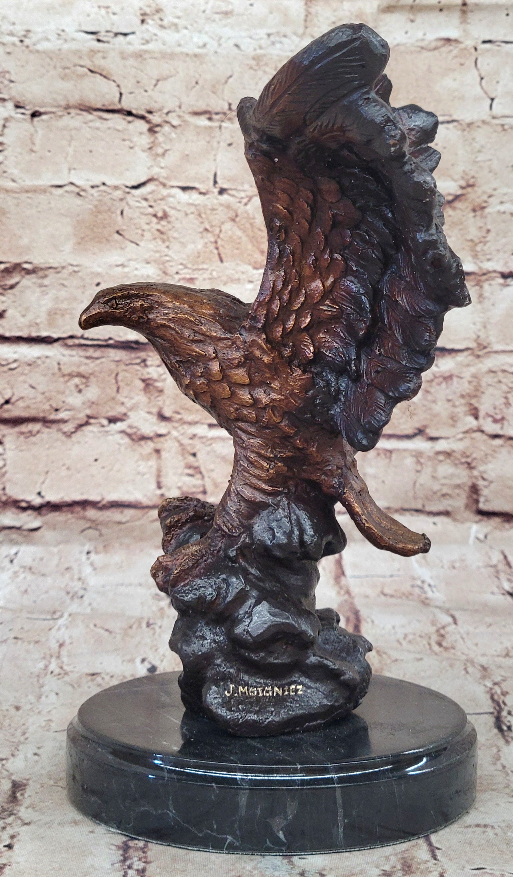 American Bald Eagle with Wings Spread Hot Cast Bronze Sculpture on Marble Base