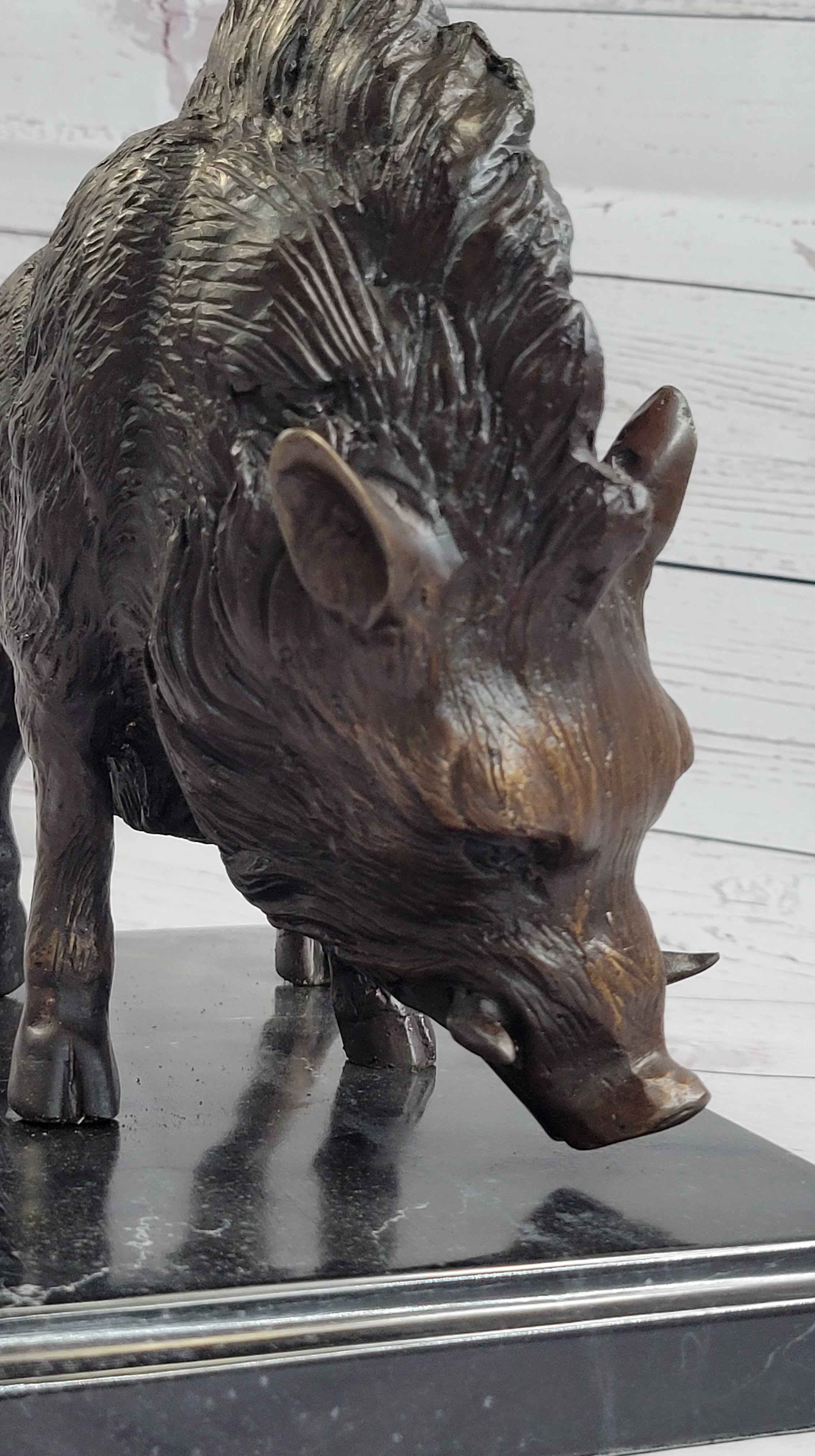 Wild Boar Pig Feral Hog Bronze Statue Sculpture Figure on Marble Base J. Moigniez