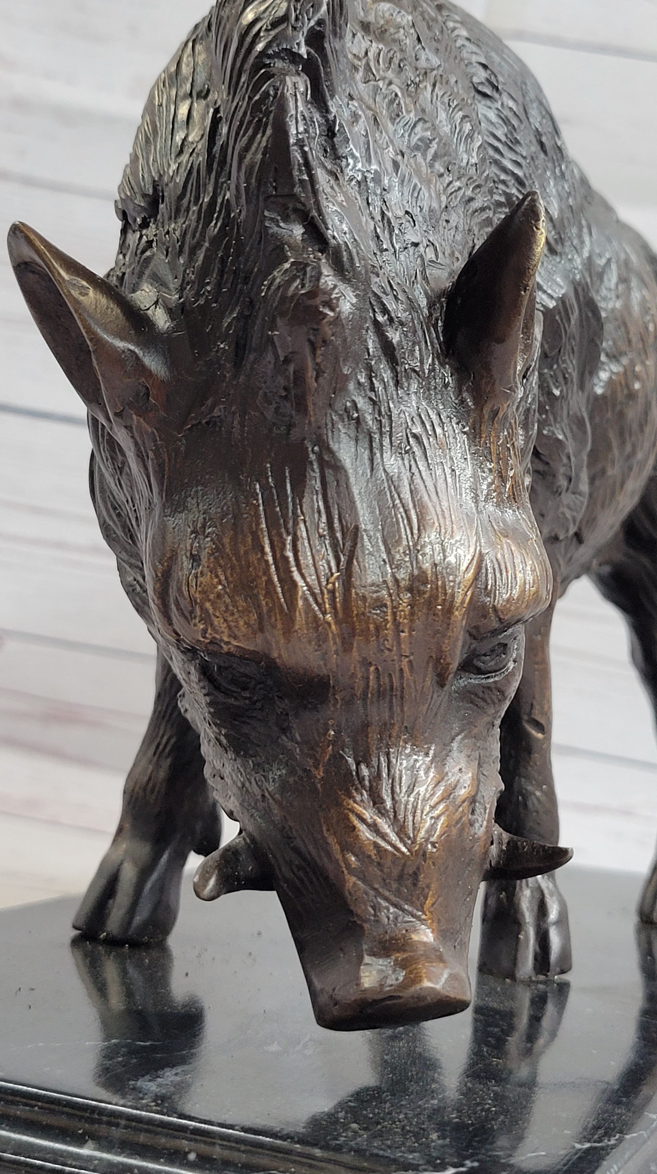 Wild Boar Pig Feral Hog Bronze Statue Sculpture Figure on Marble Base J. Moigniez