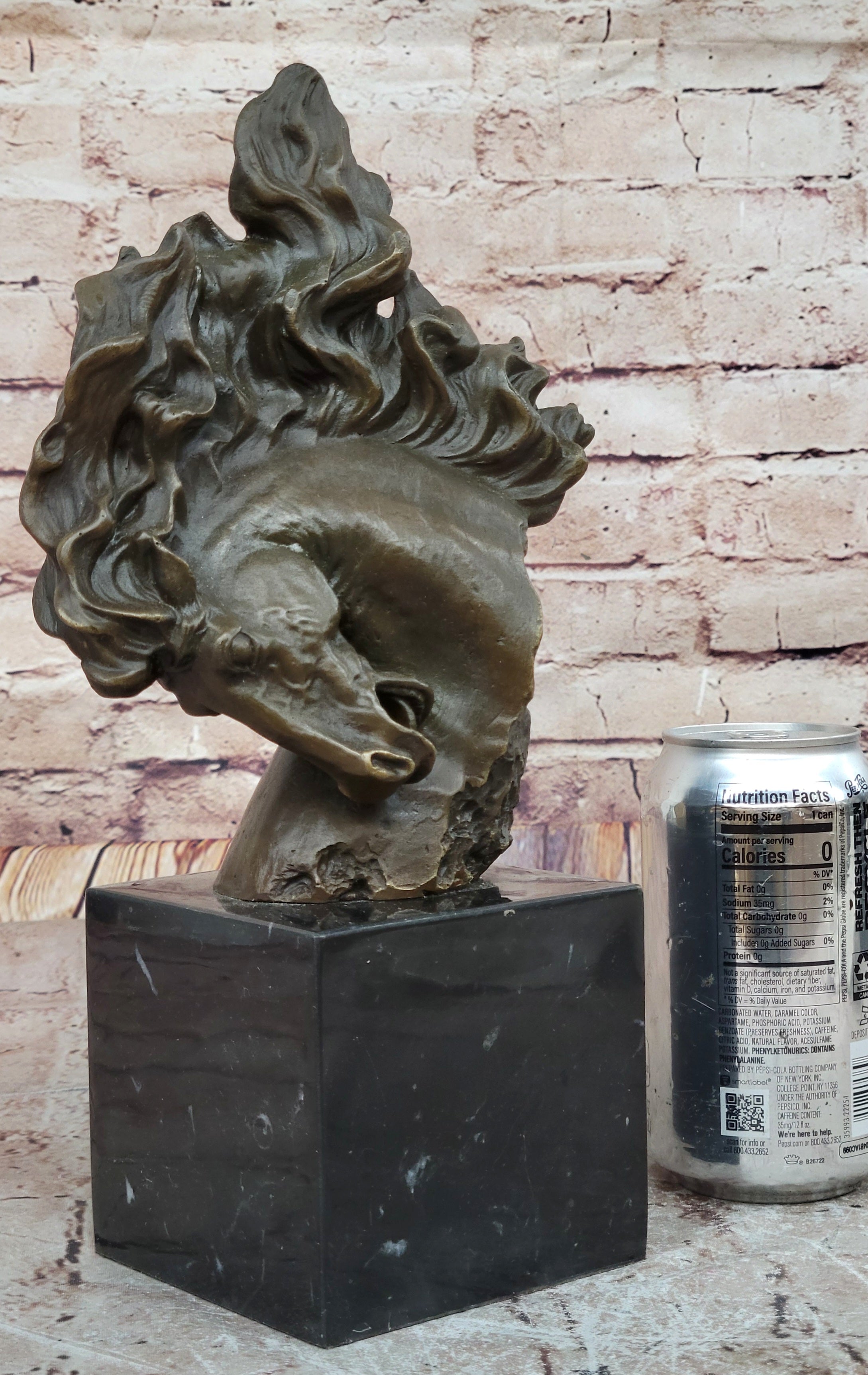 Dynamic Bronze Horse Head Bust; Swirling Mane Equine Sculpture on Marble Base