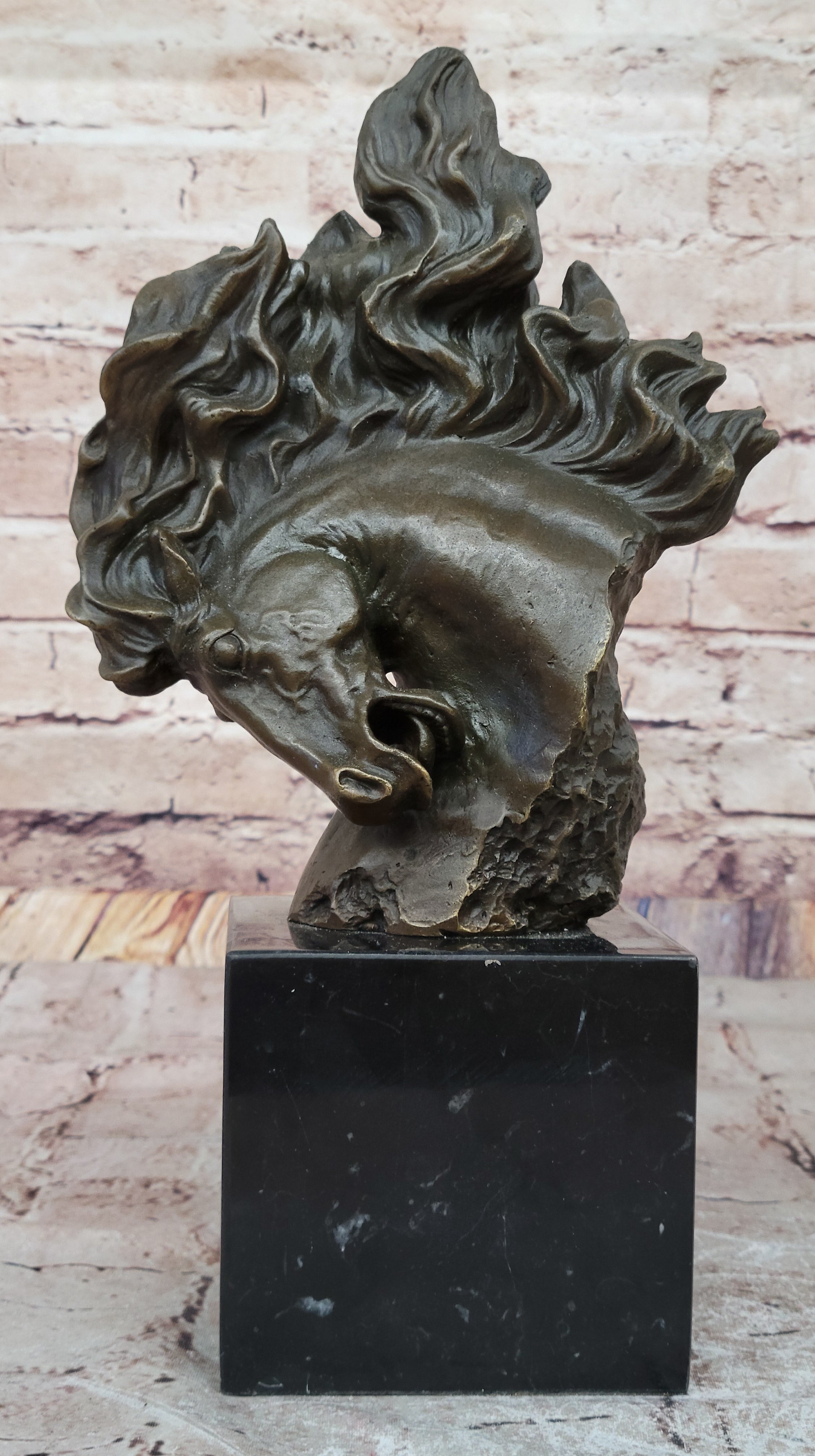 Dynamic Bronze Horse Head Bust; Swirling Mane Equine Sculpture on Marble Base