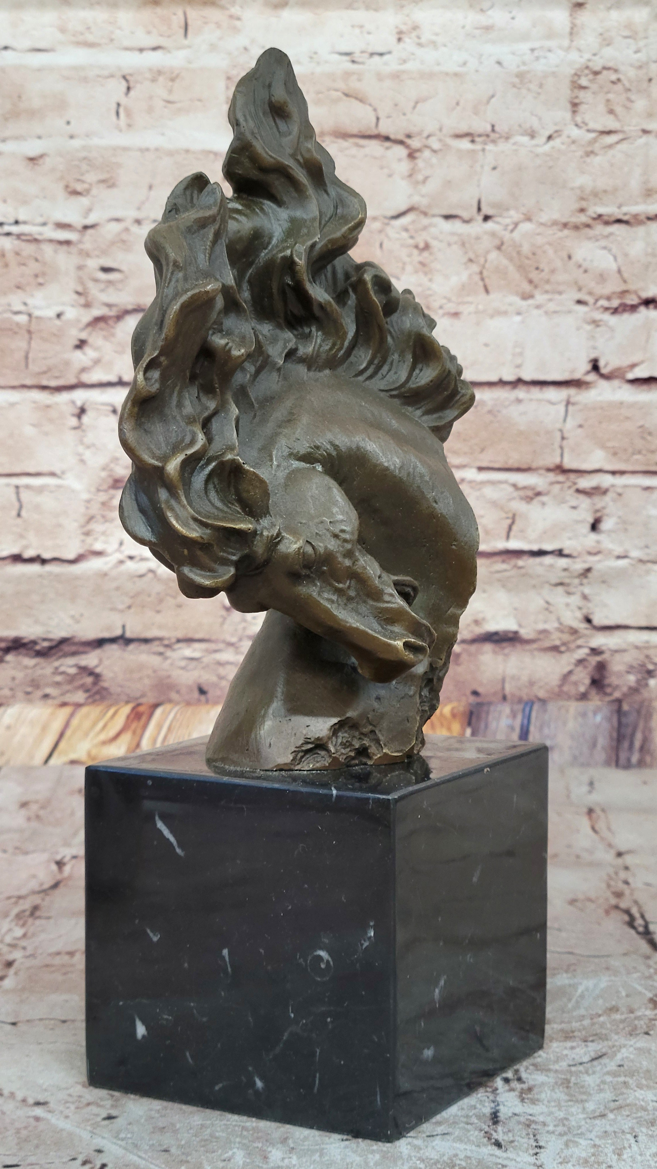 Dynamic Bronze Horse Head Bust; Swirling Mane Equine Sculpture on Marble Base