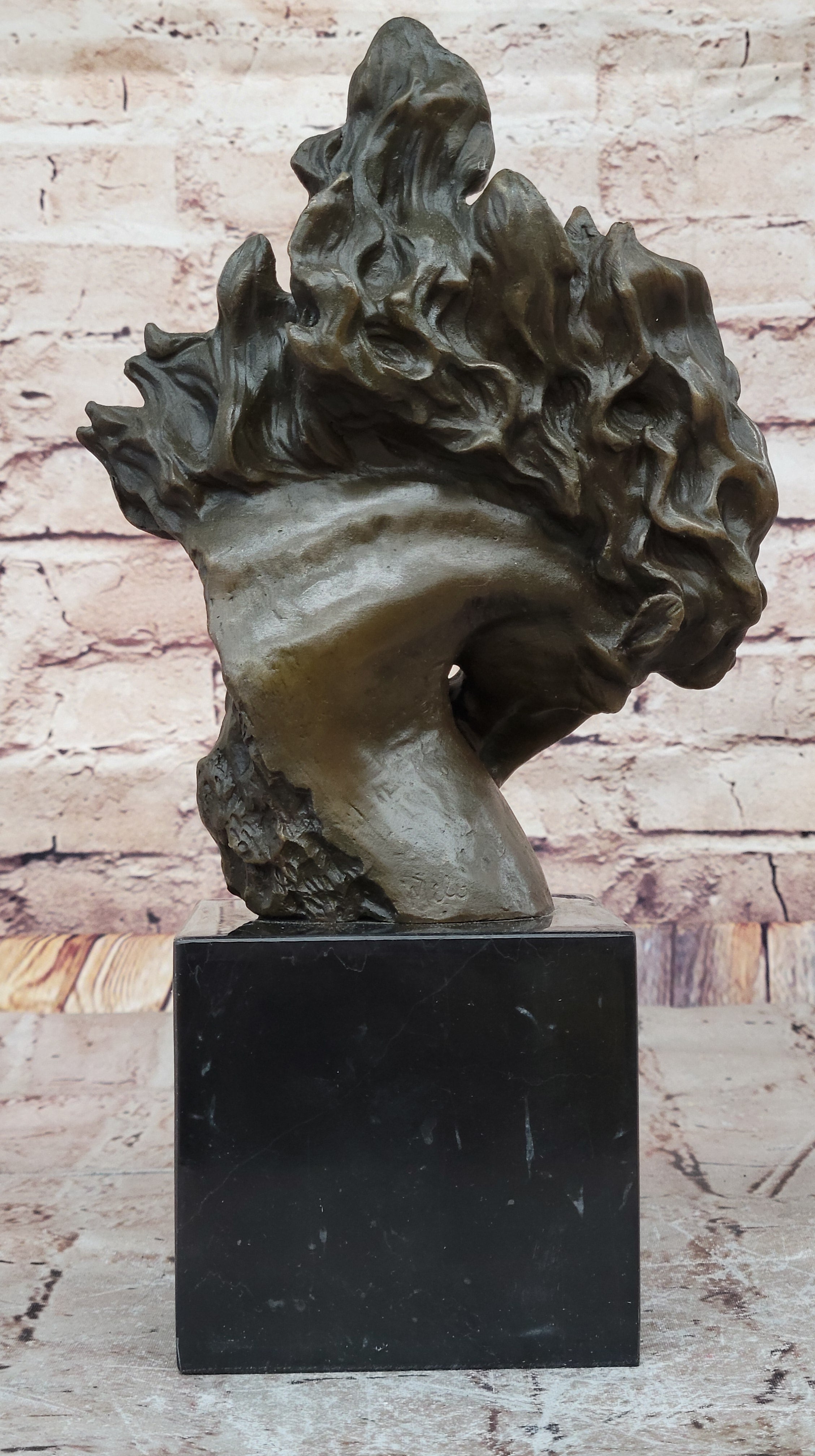 Dynamic Bronze Horse Head Bust; Swirling Mane Equine Sculpture on Marble Base