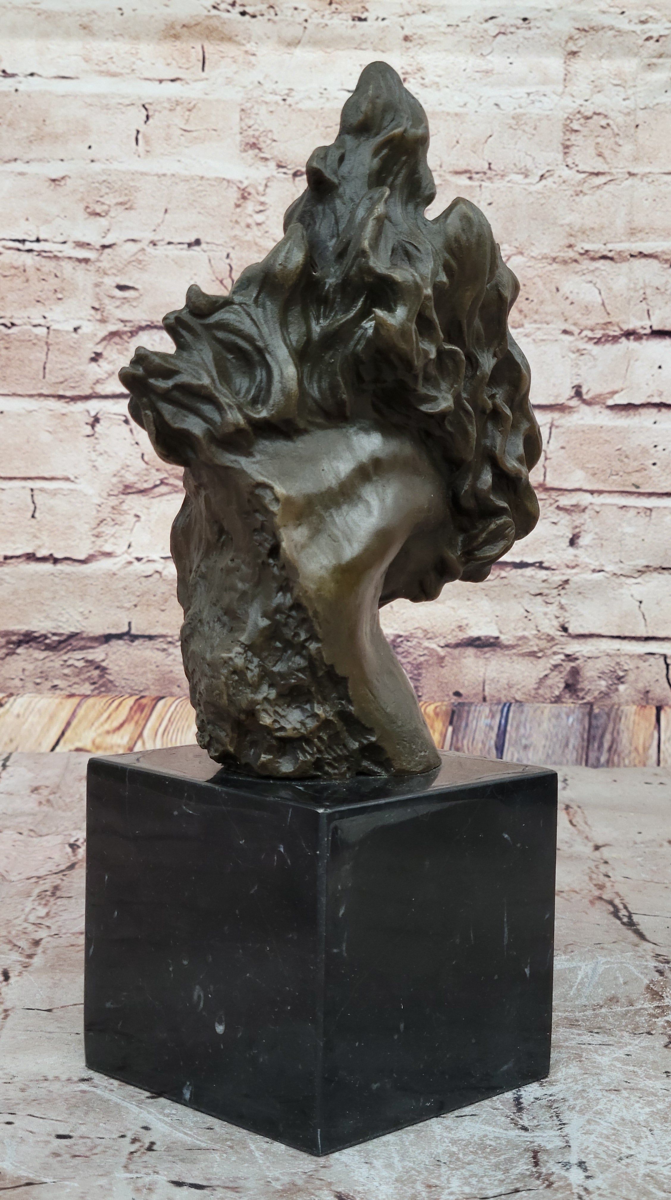 Dynamic Bronze Horse Head Bust; Swirling Mane Equine Sculpture on Marble Base