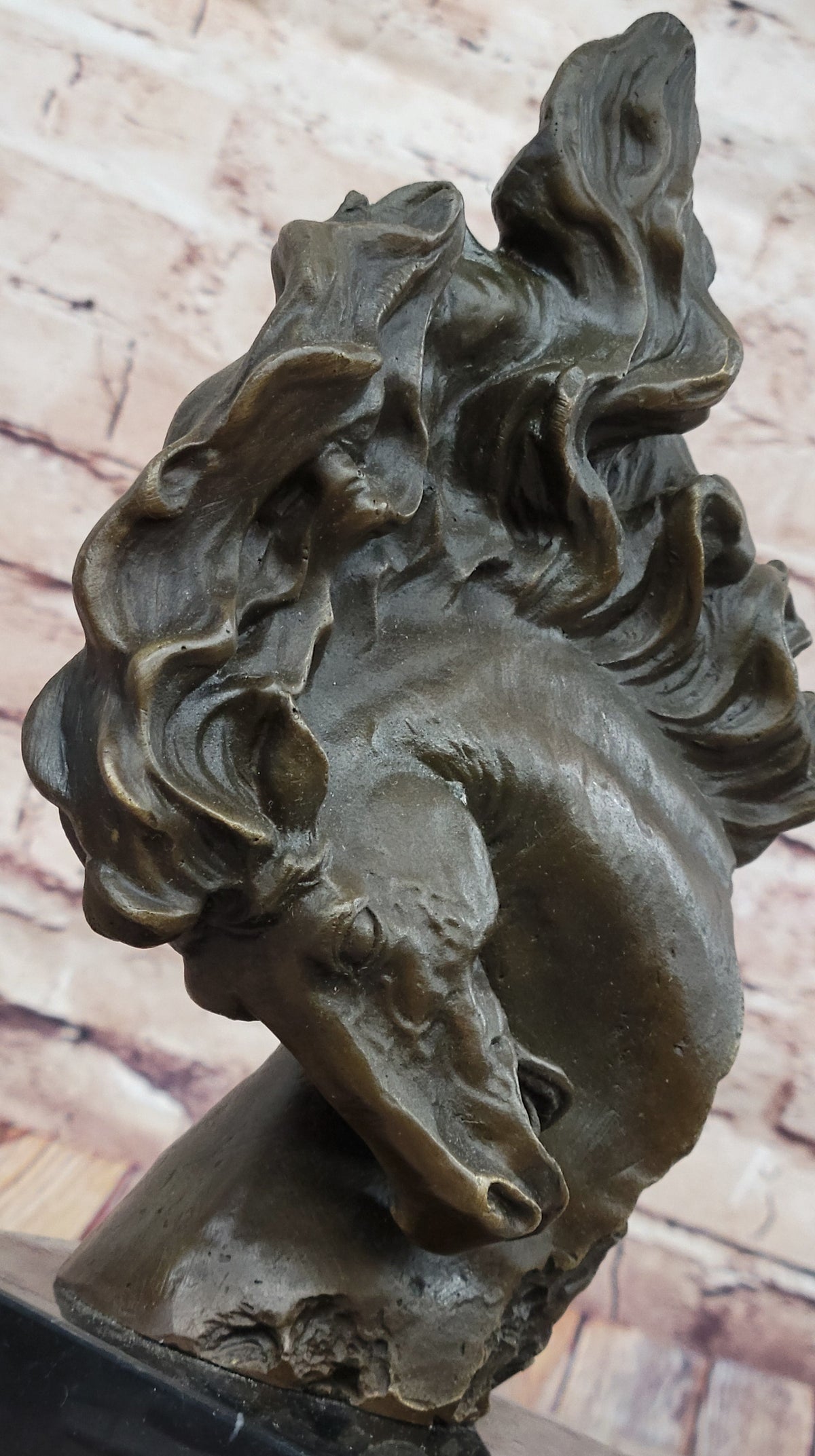 Dynamic Bronze Horse Head Bust; Swirling Mane Equine Sculpture on Marble Base