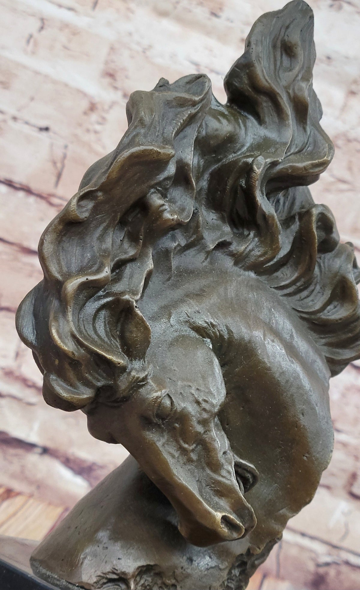 Dynamic Bronze Horse Head Bust; Swirling Mane Equine Sculpture on Marble Base