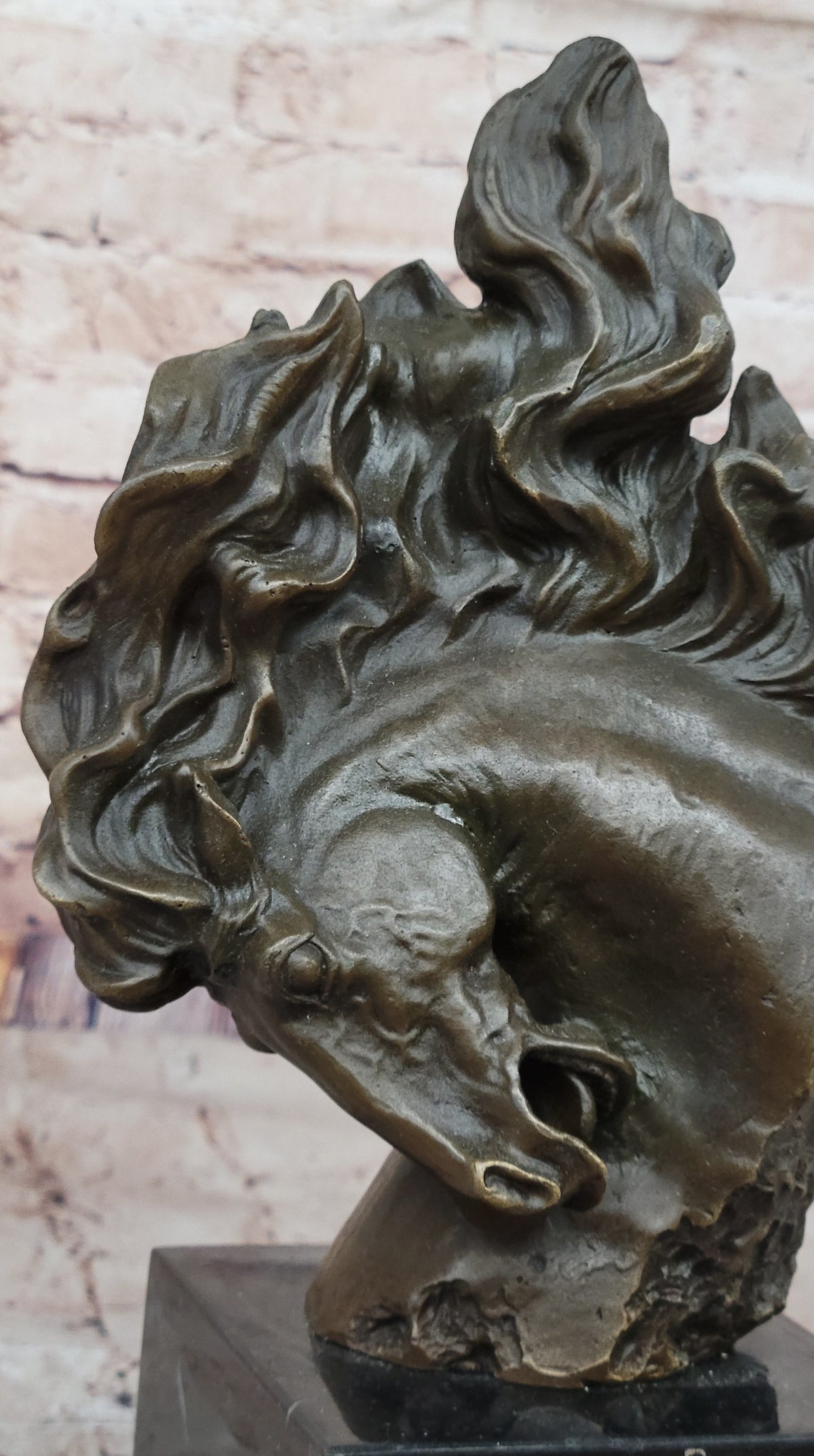 Dynamic Bronze Horse Head Bust; Swirling Mane Equine Sculpture on Marble Base