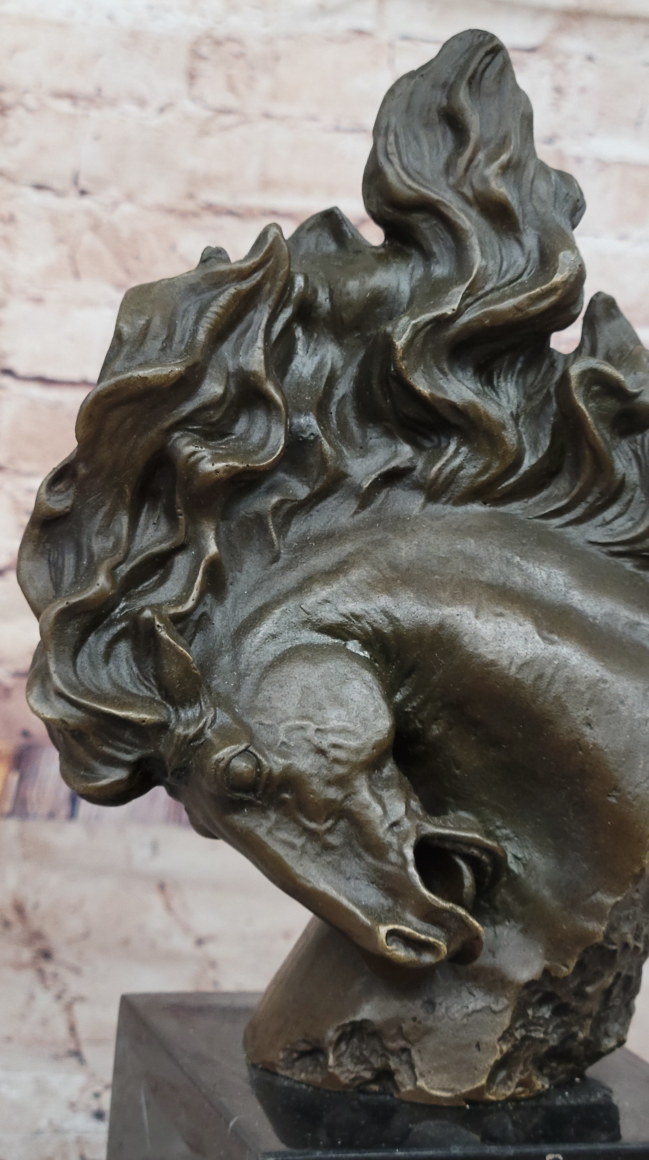 Dynamic Bronze Horse Head Bust; Swirling Mane Equine Sculpture on Marble Base