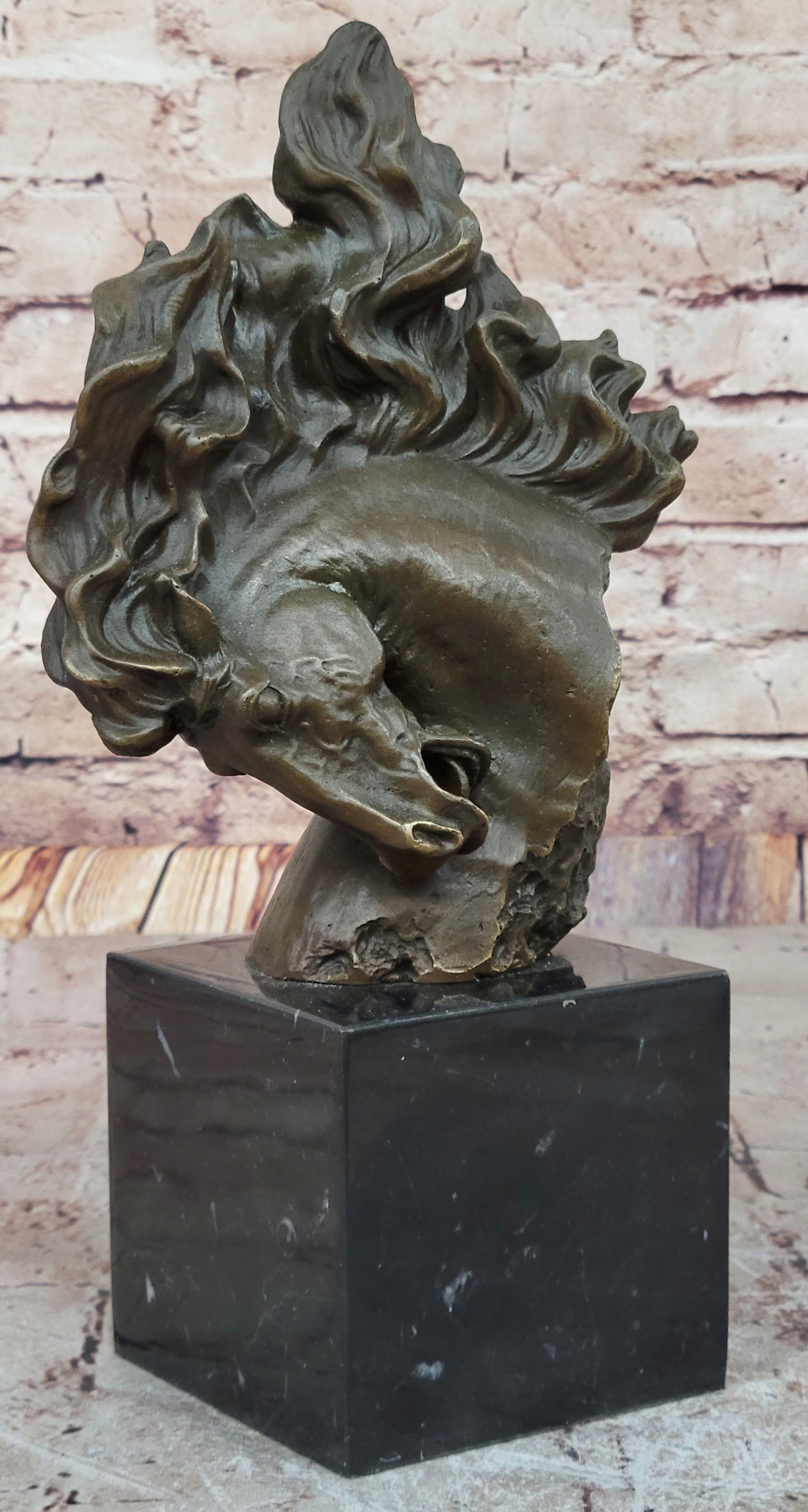 Dynamic Bronze Horse Head Bust; Swirling Mane Equine Sculpture on Marble Base