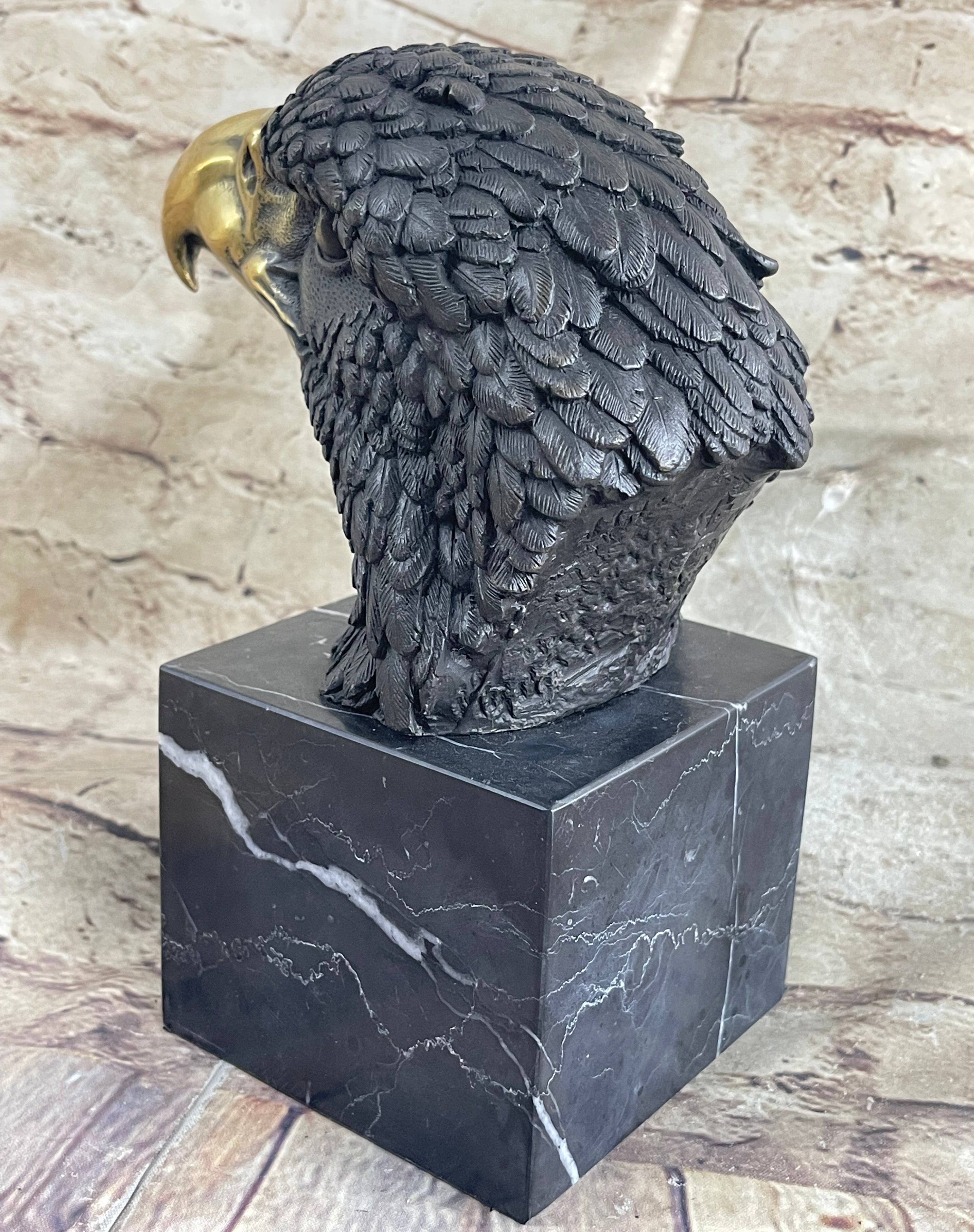 American Bald Eagle Head Bronze Metal Bust Sculpture Statue on Marble Base by Milo