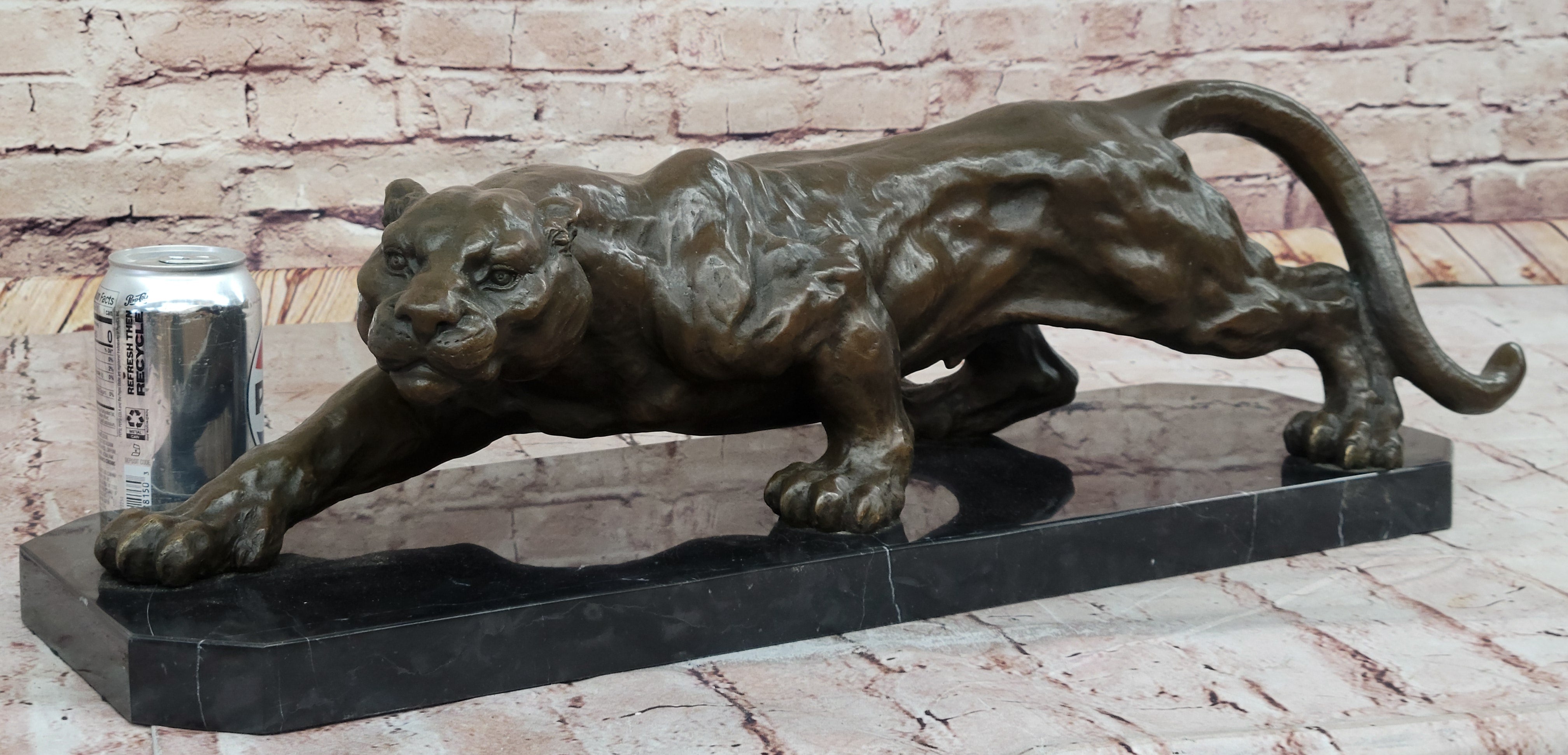 Stalking Panther Cougar Lioness Bronze Sculpture Statue Figure Art on Marble Base