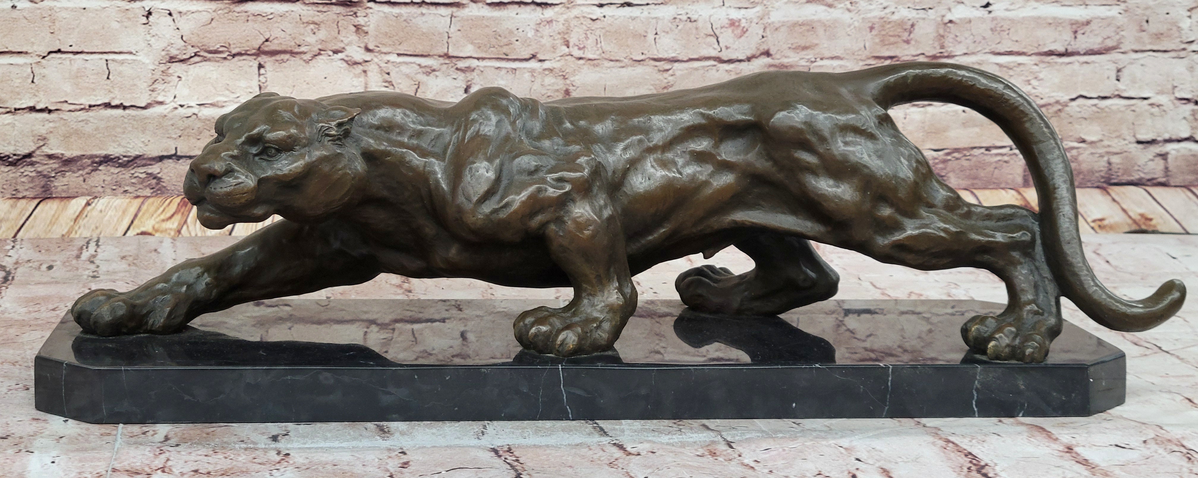 Stalking Panther Cougar Lioness Bronze Sculpture Statue Figure Art on Marble Base