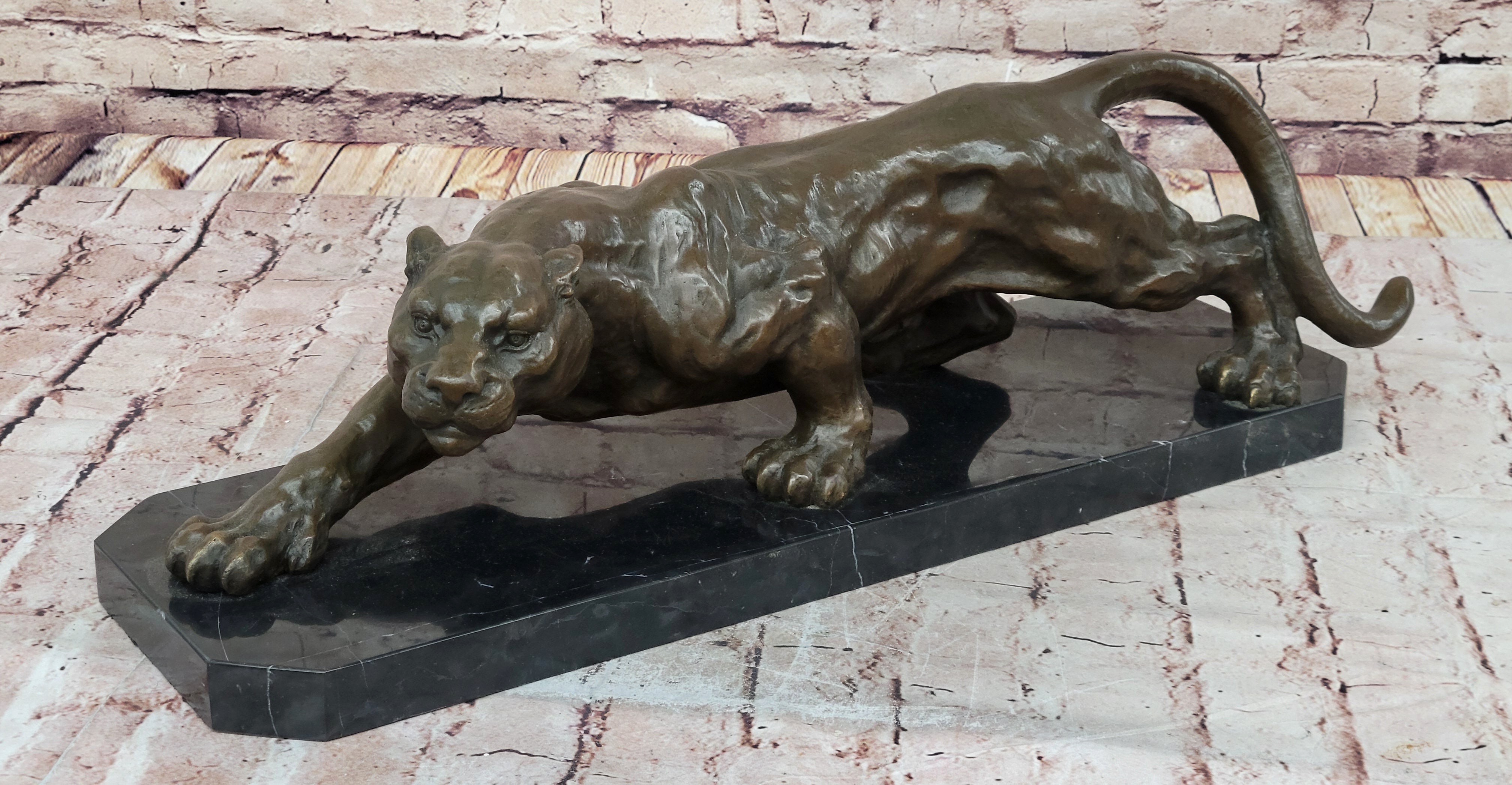 Stalking Panther Cougar Lioness Bronze Sculpture Statue Figure Art on Marble Base
