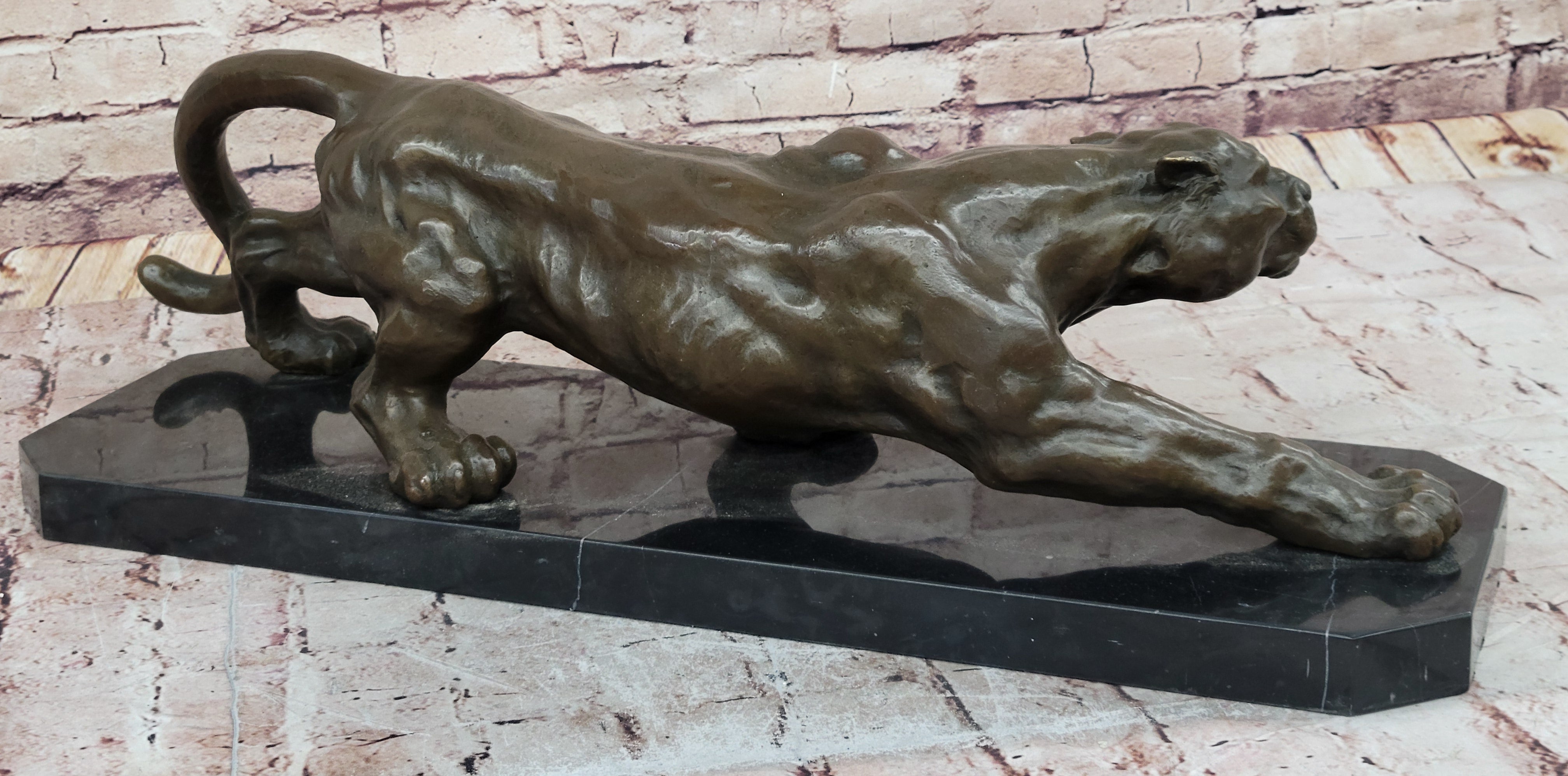 Stalking Panther Cougar Lioness Bronze Sculpture Statue Figure Art on Marble Base