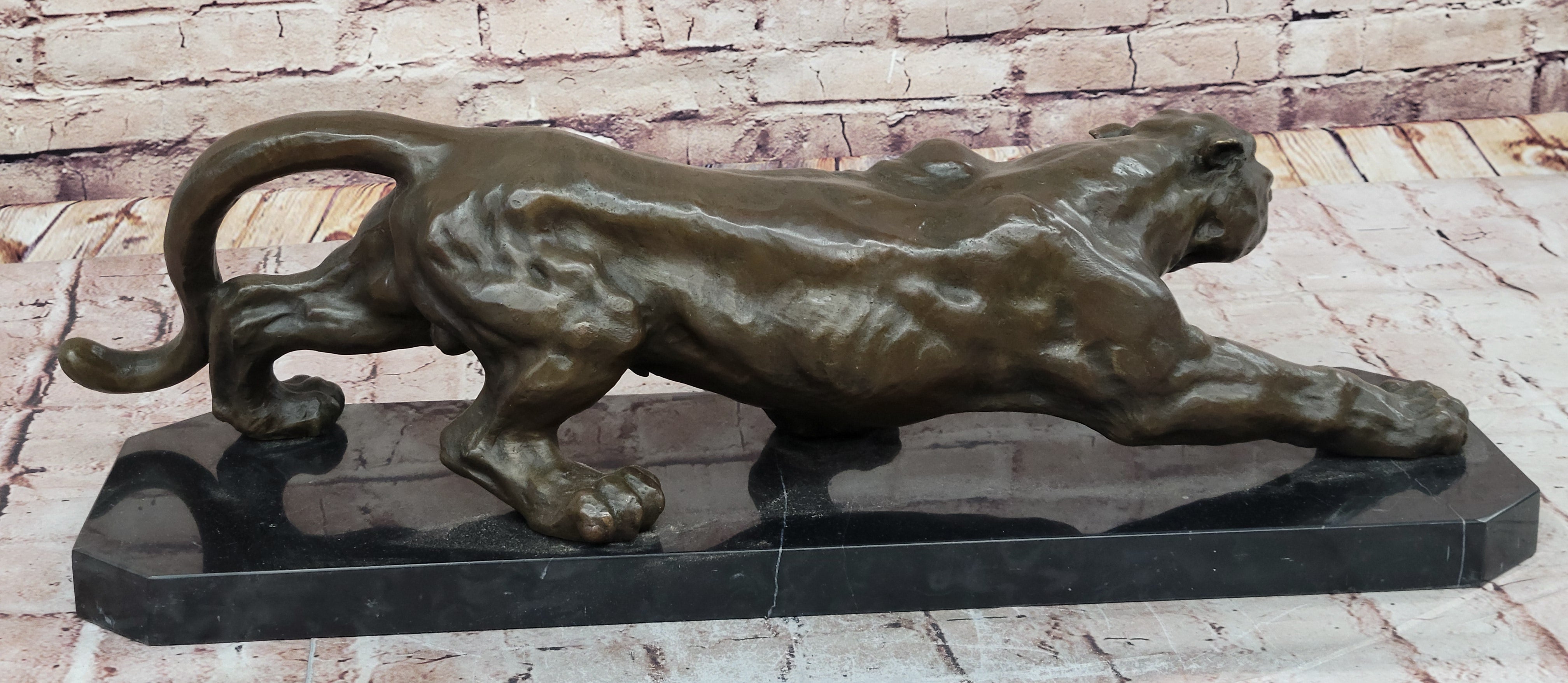 Stalking Panther Cougar Lioness Bronze Sculpture Statue Figure Art on Marble Base
