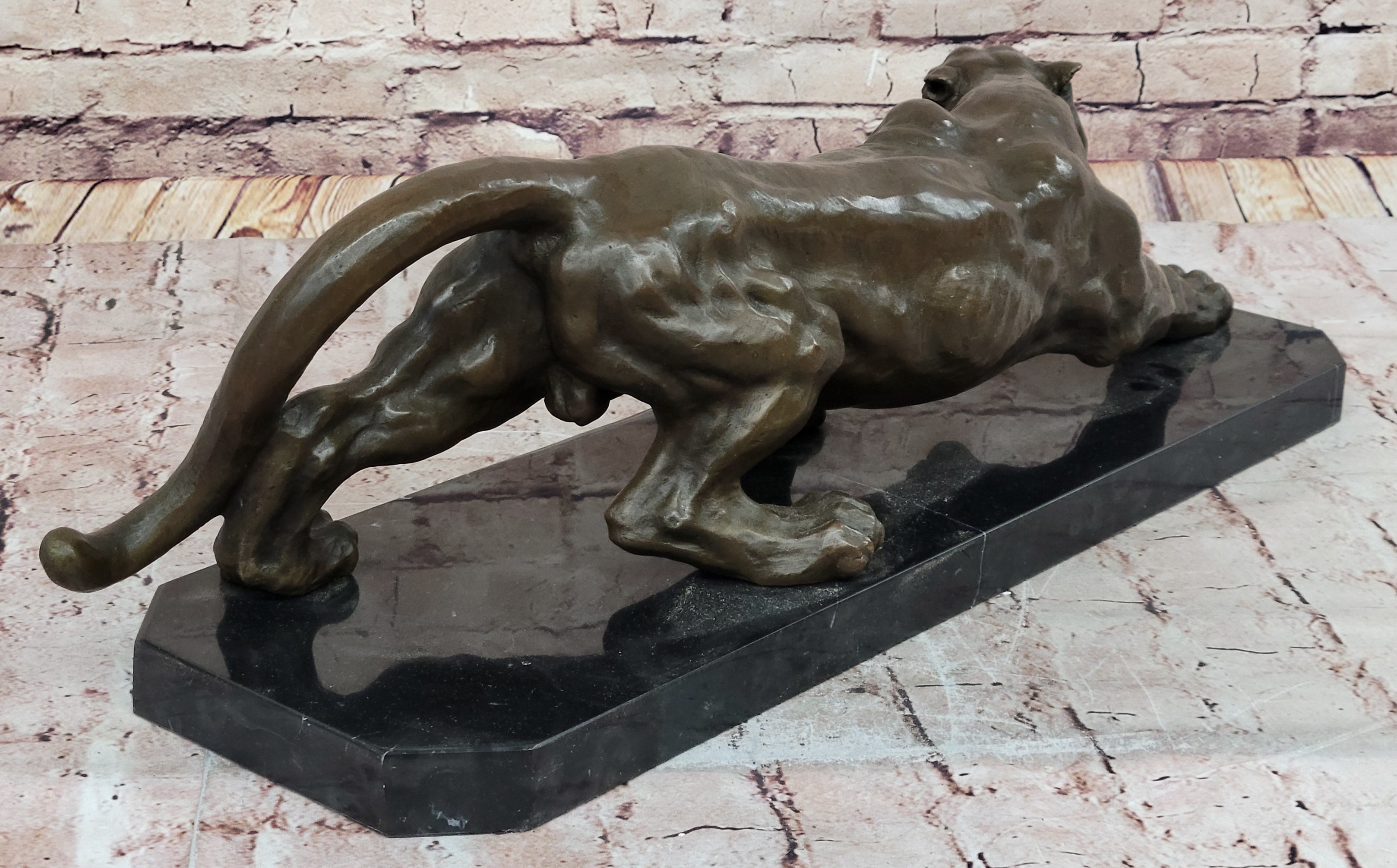 Stalking Panther Cougar Lioness Bronze Sculpture Statue Figure Art on Marble Base