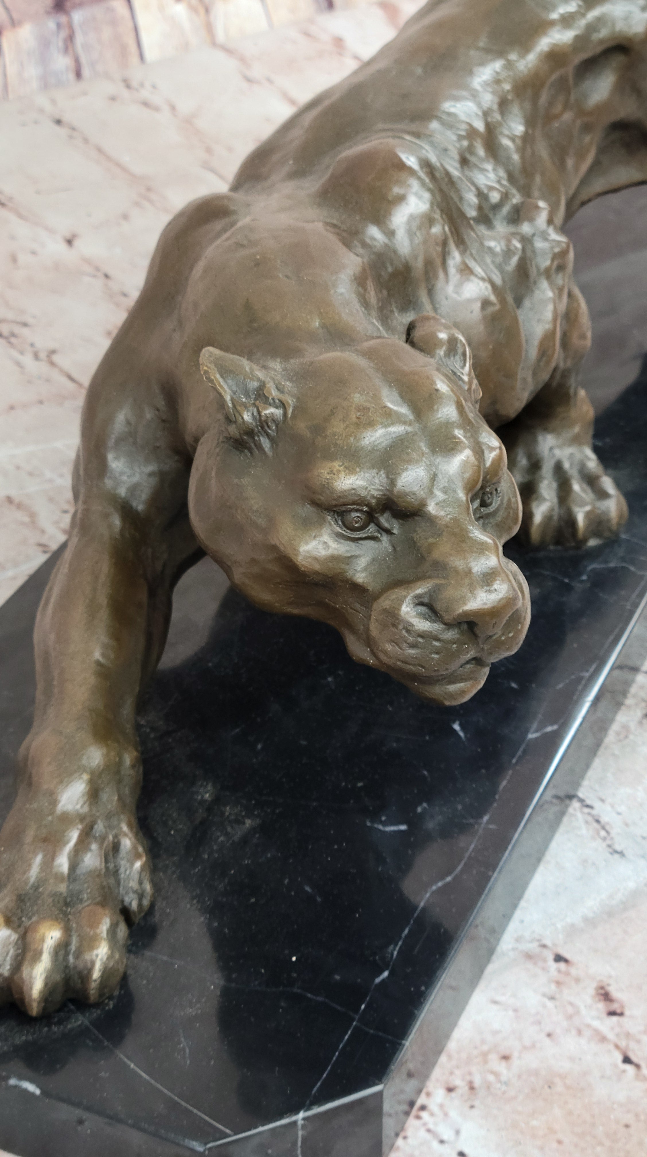Stalking Panther Cougar Lioness Bronze Sculpture Statue Figure Art on Marble Base