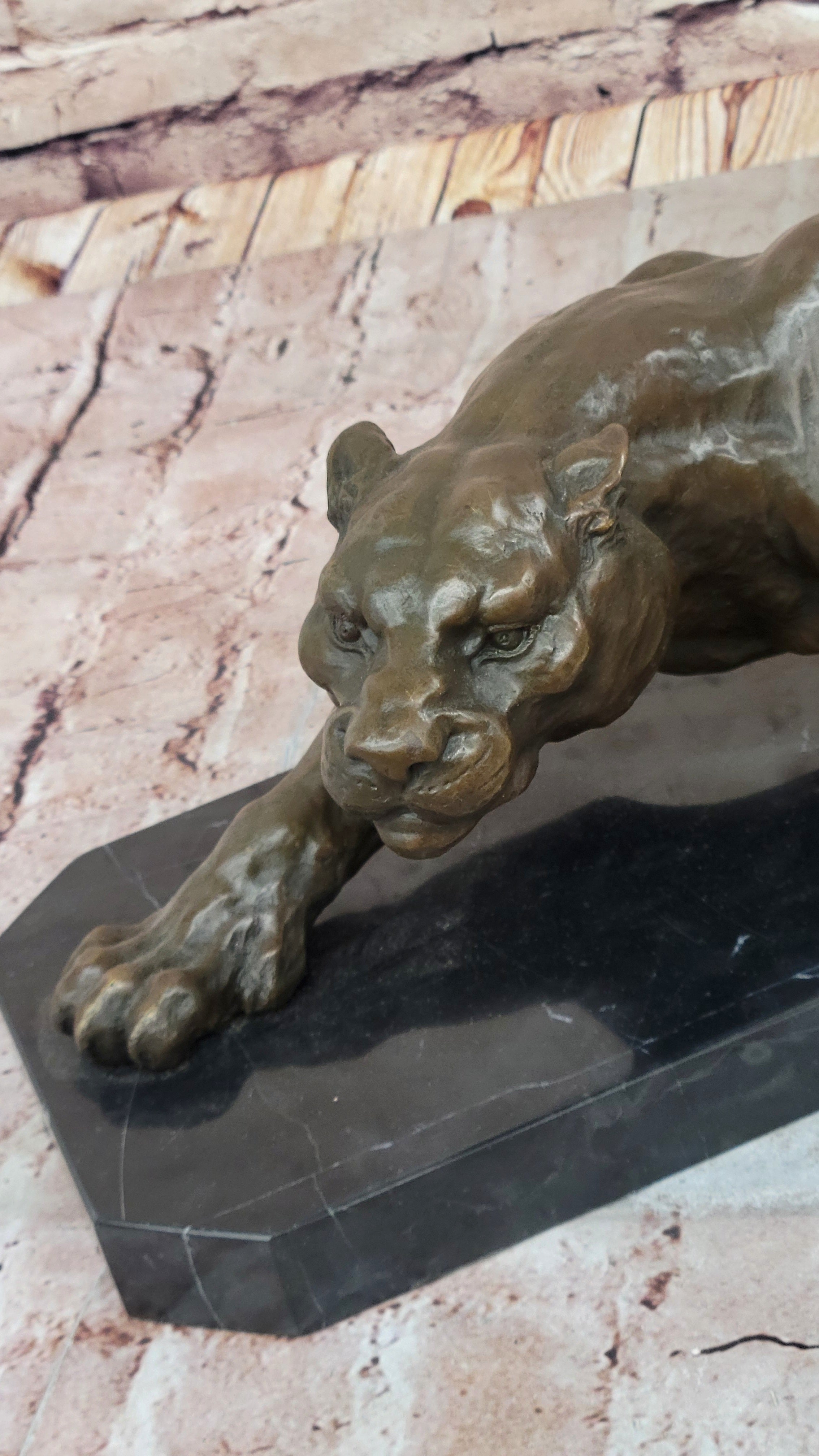 Stalking Panther Cougar Lioness Bronze Sculpture Statue Figure Art on Marble Base