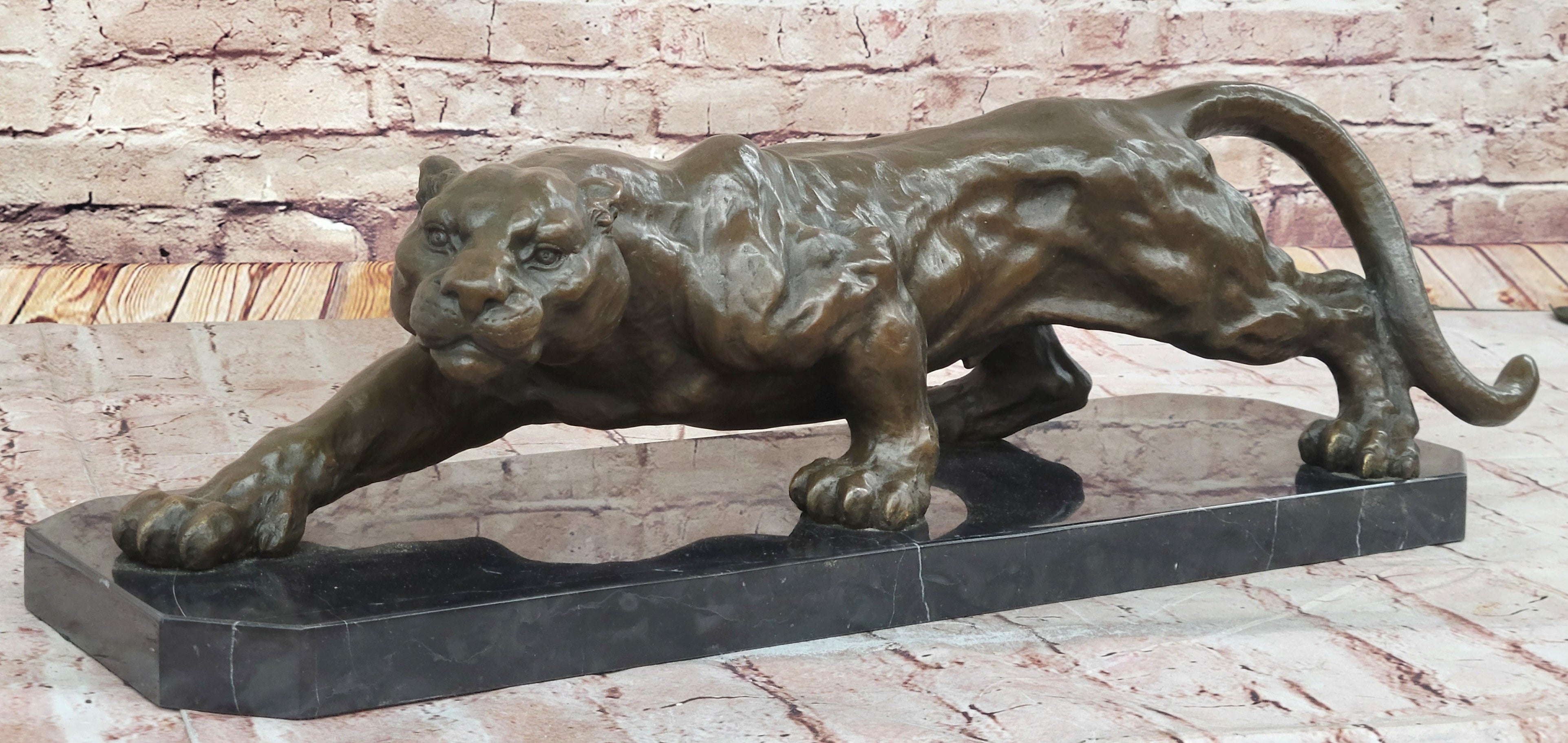 Stalking Panther Cougar Lioness Bronze Sculpture Statue Figure Art on Marble Base
