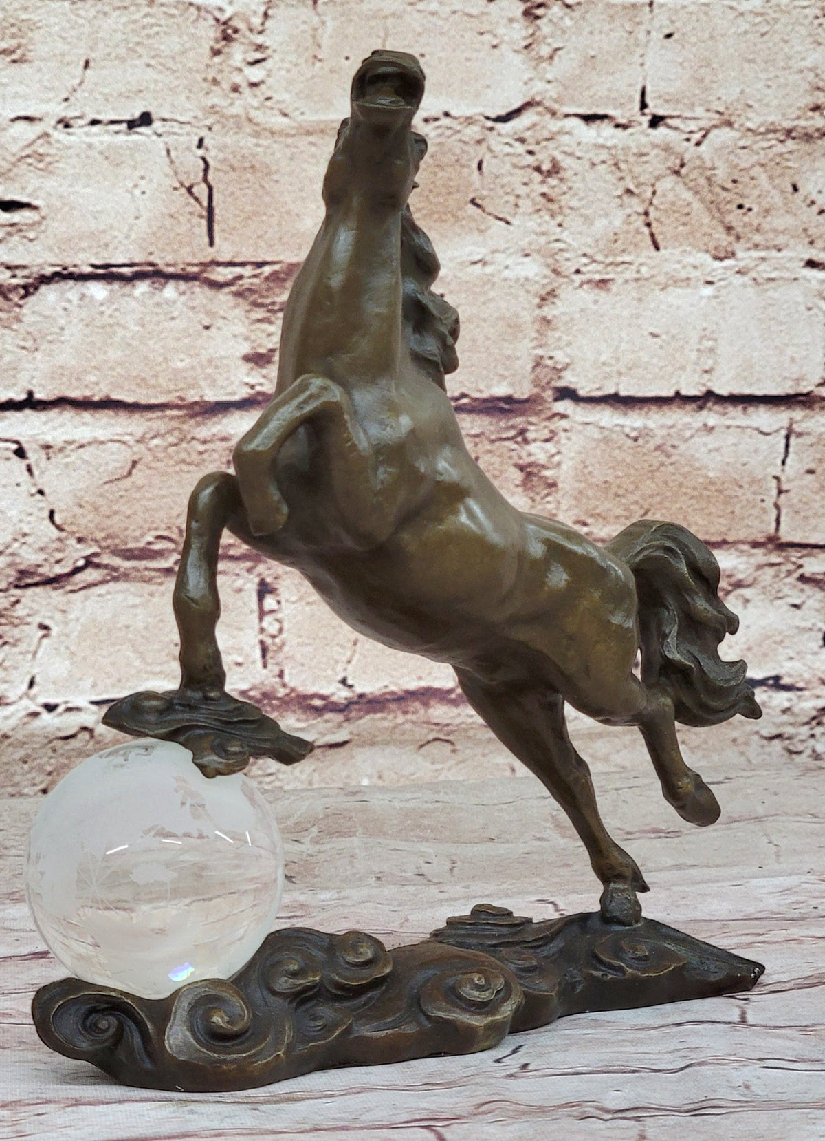 Bronze Horse Figurine Sculpture w/ Crystal Ball - Signed Original Equestrian Art by Milo