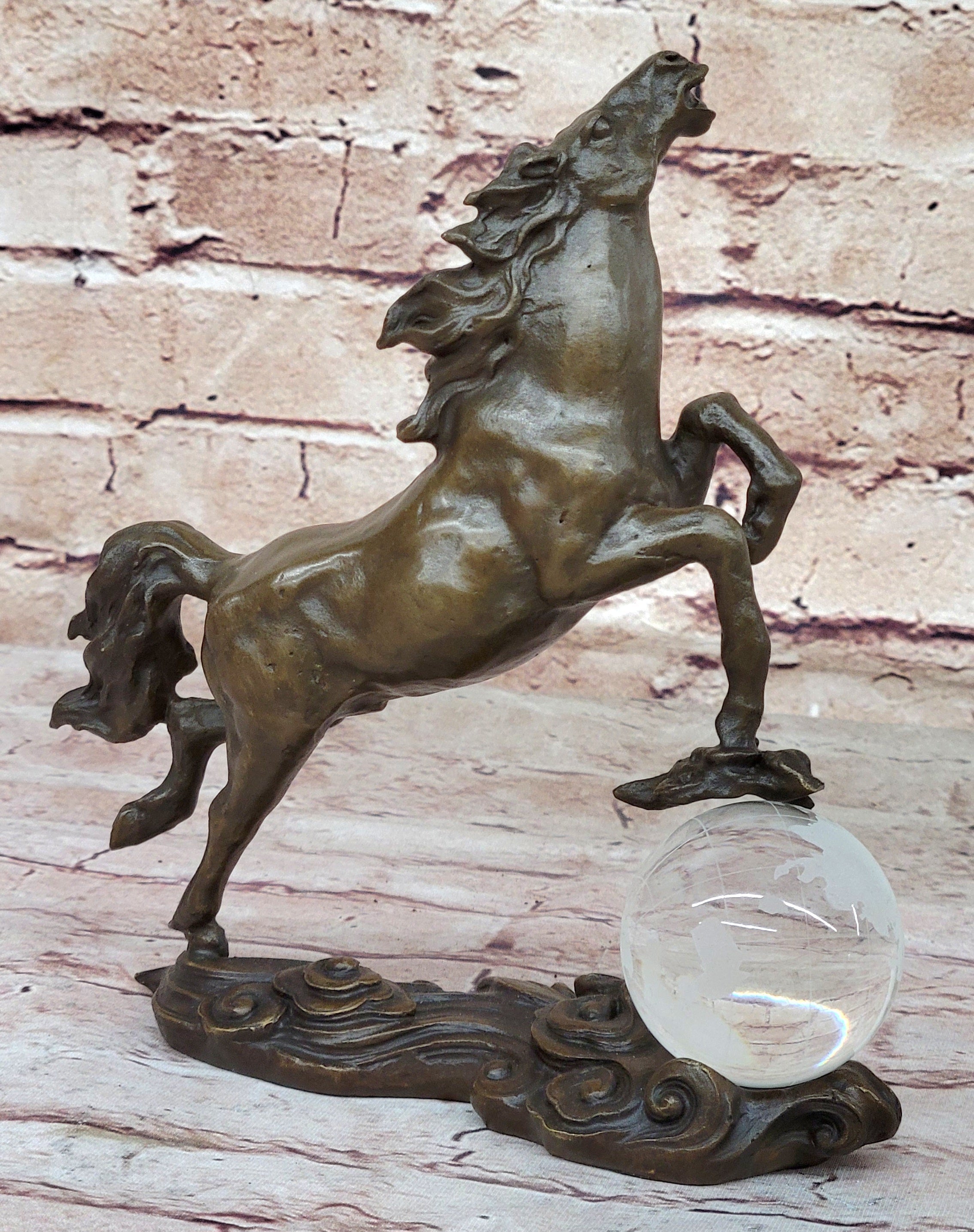 Bronze Horse Figurine Sculpture w/ Crystal Ball - Signed Original Equestrian Art by Milo