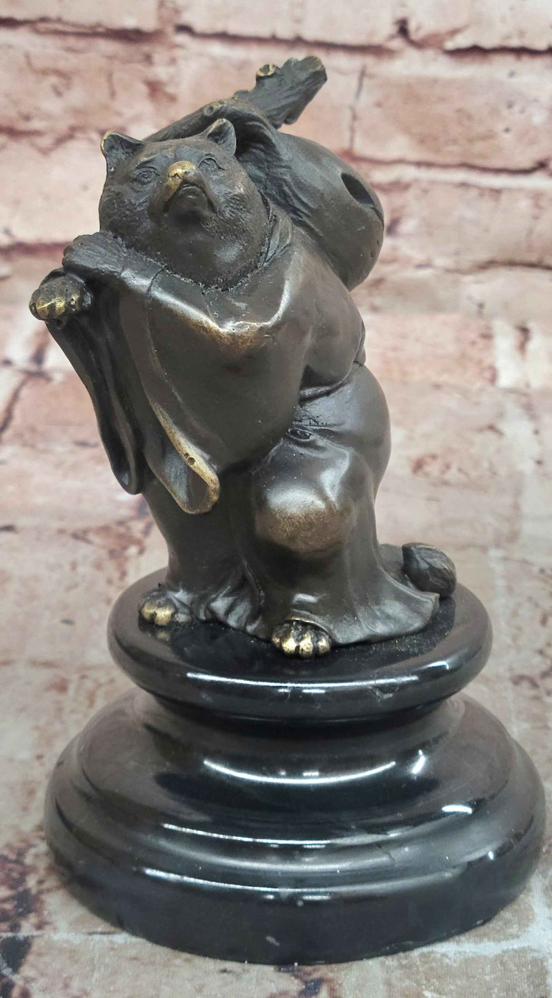 Tanuki Traveling Racoon Dog Bronze Sculpture with Bindle on Marble Base Figurine