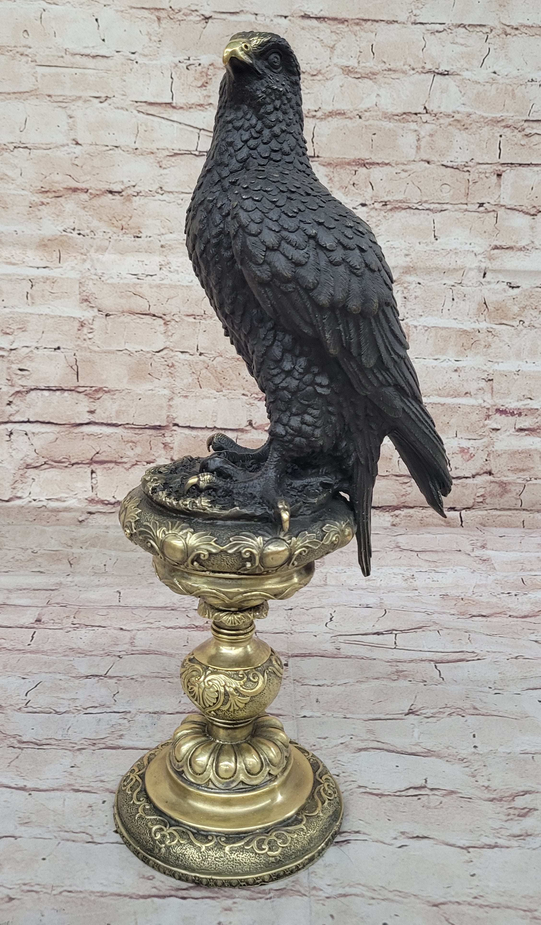Hot Cast Bronze Eagle on Golden Pedestal Signed Original Wildlife Birds Art by Milo