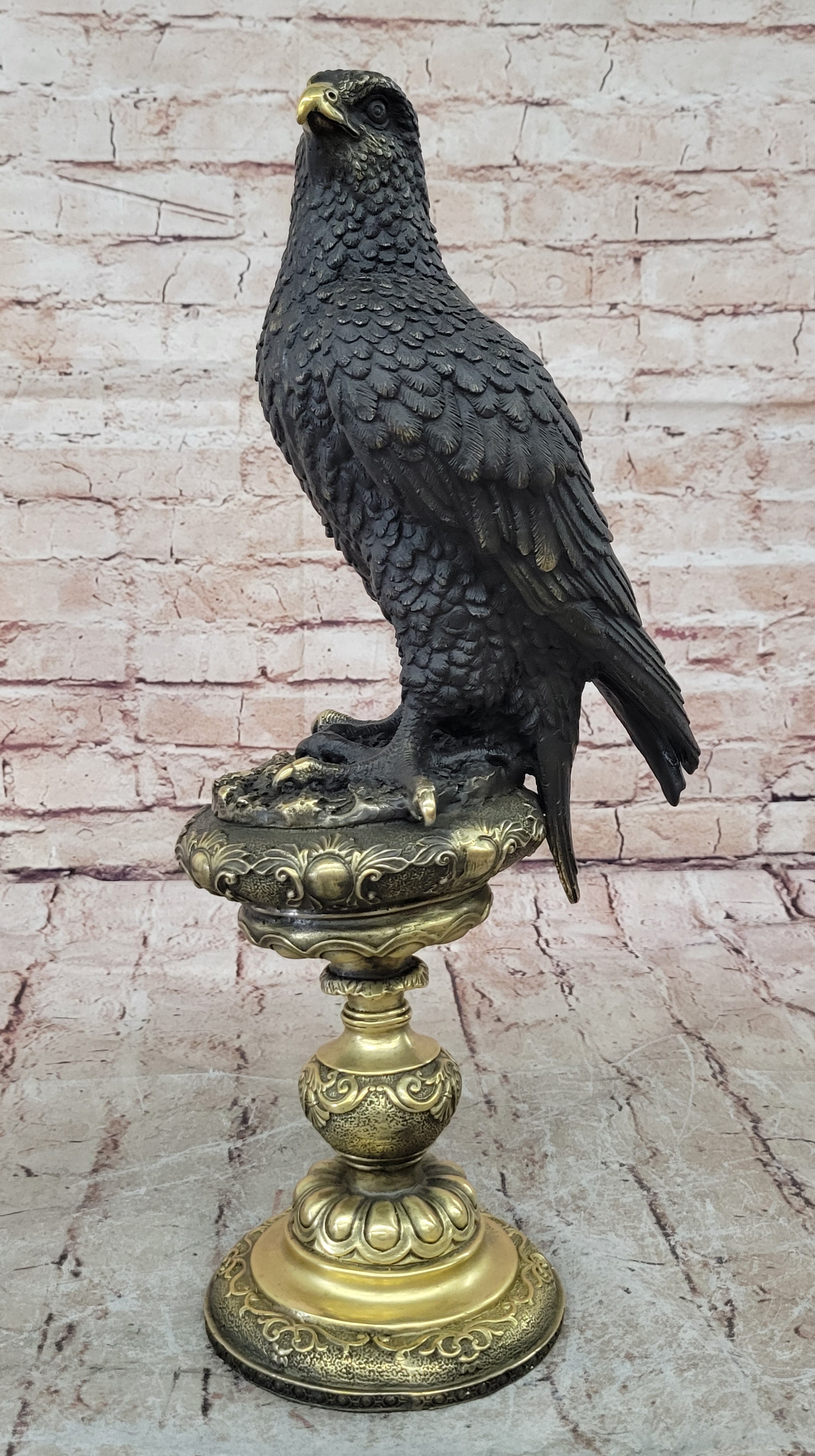 Hot Cast Bronze Eagle on Golden Pedestal Signed Original Wildlife Birds Art by Milo