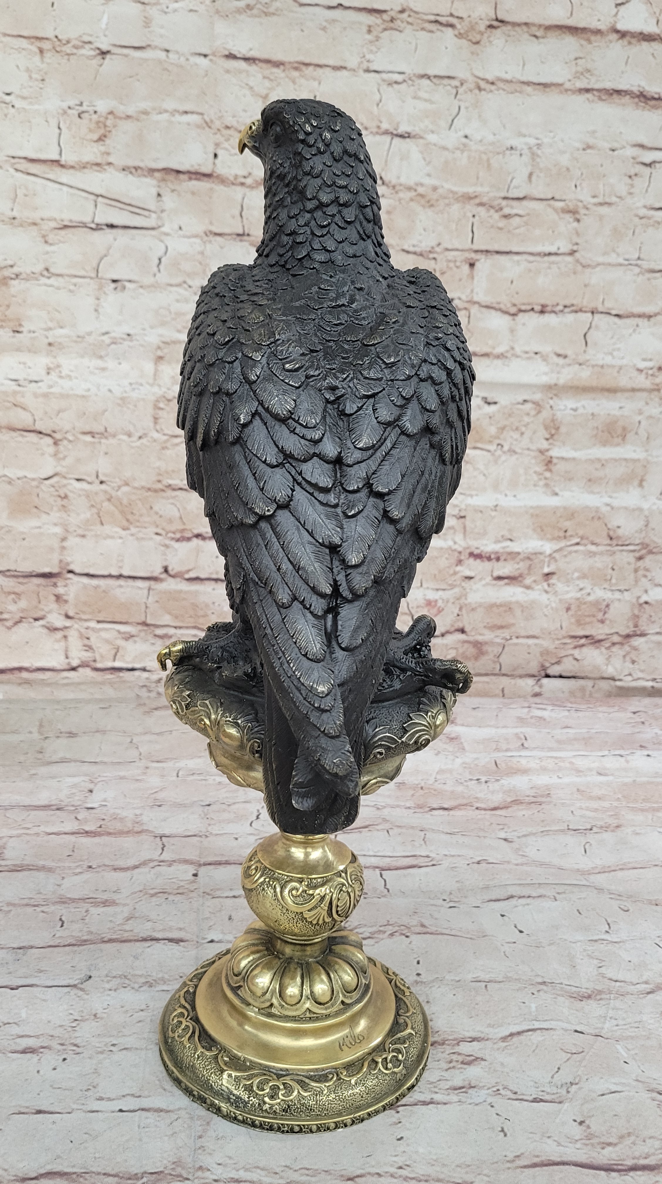 Hot Cast Bronze Eagle on Golden Pedestal Signed Original Wildlife Birds Art by Milo
