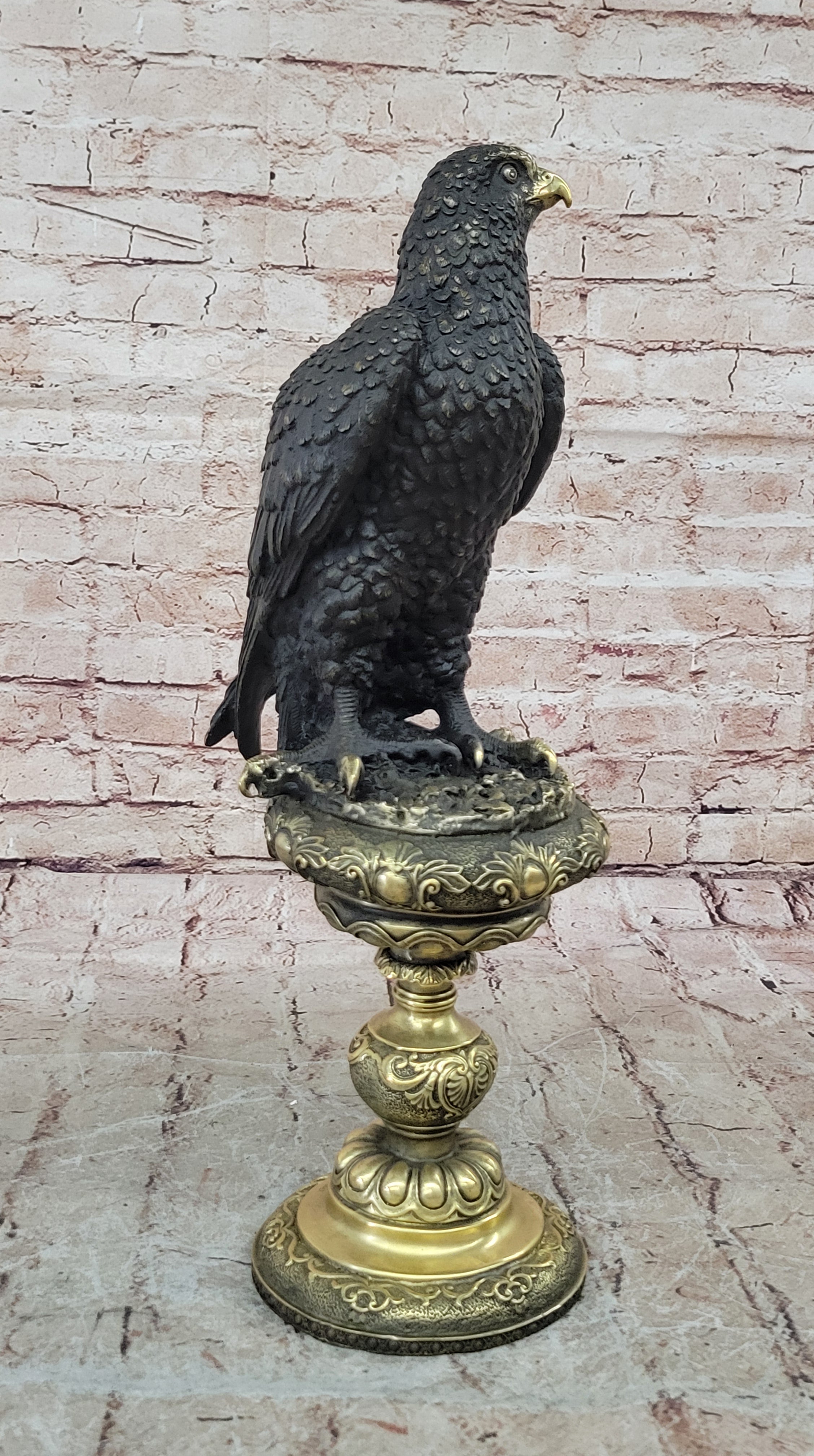 Hot Cast Bronze Eagle on Golden Pedestal Signed Original Wildlife Birds Art by Milo
