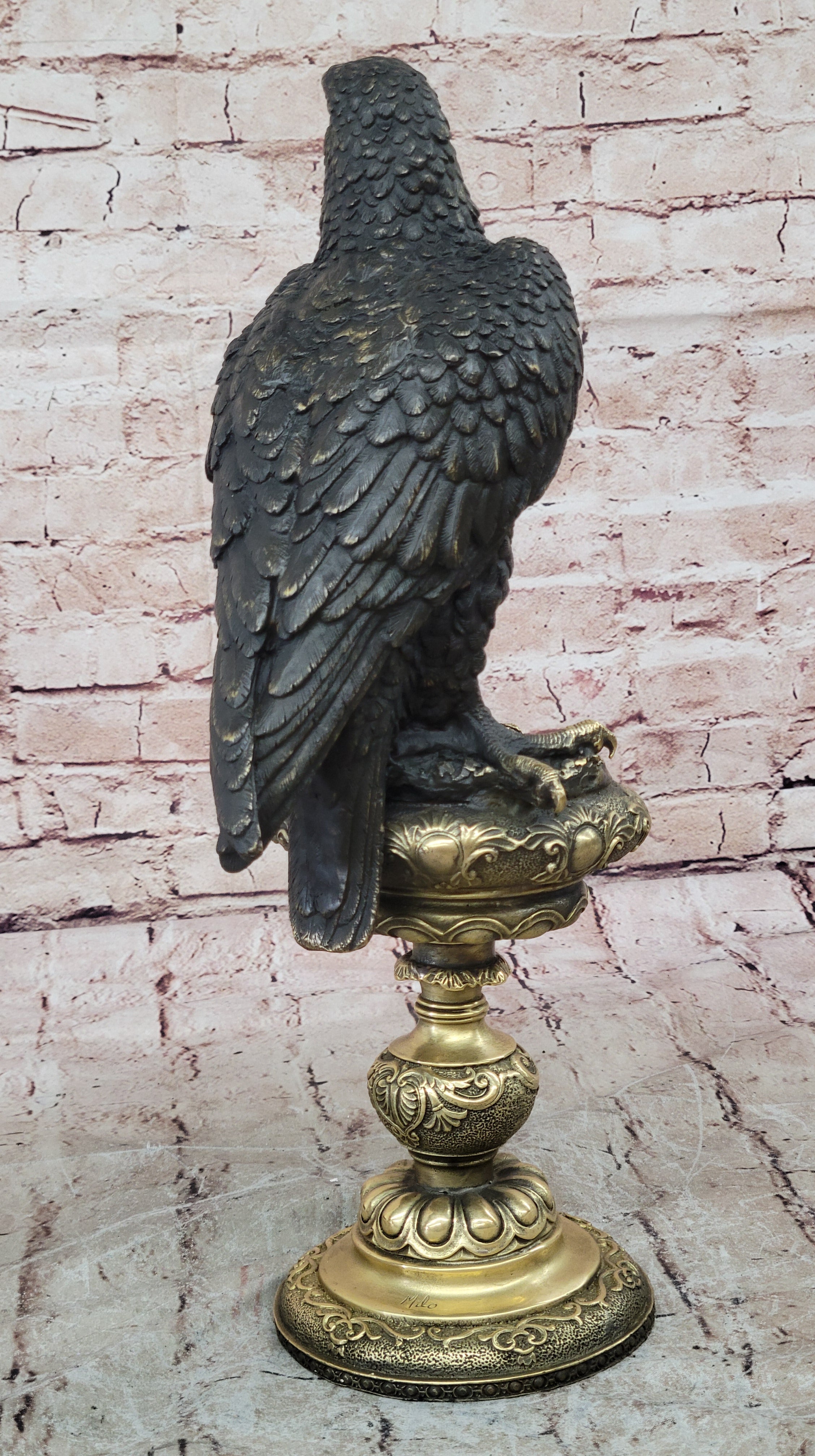 Hot Cast Bronze Eagle on Golden Pedestal Signed Original Wildlife Birds Art by Milo