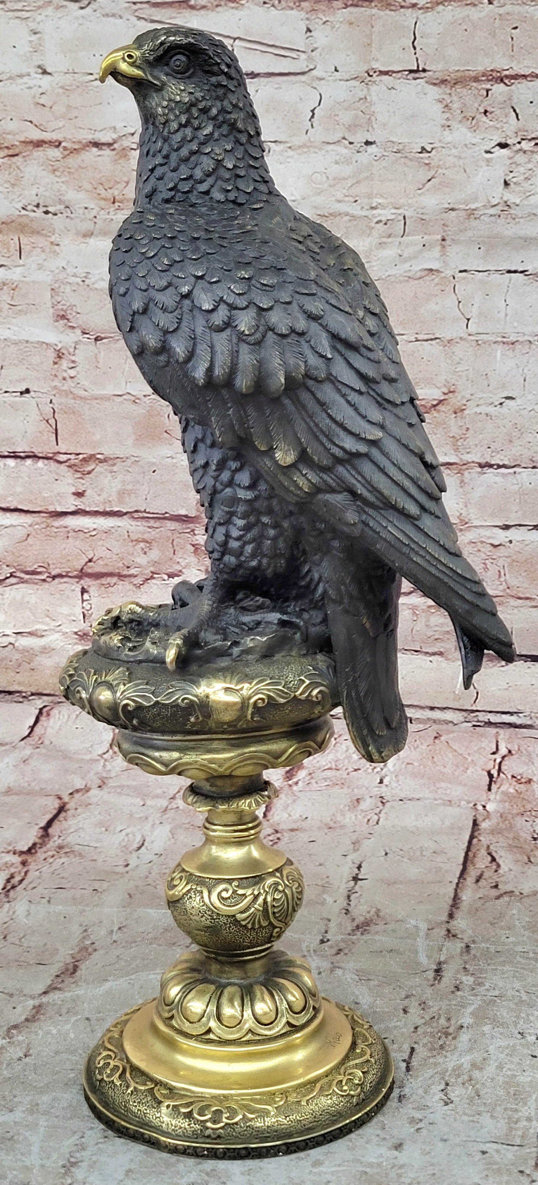 Hot Cast Bronze Eagle on Golden Pedestal Signed Original Wildlife Birds Art by Milo