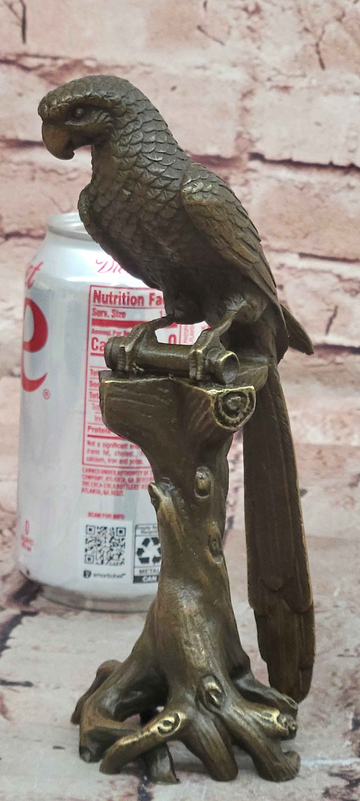Bronze Parrot Bird Sculpture Perched on Tree Stump Branch