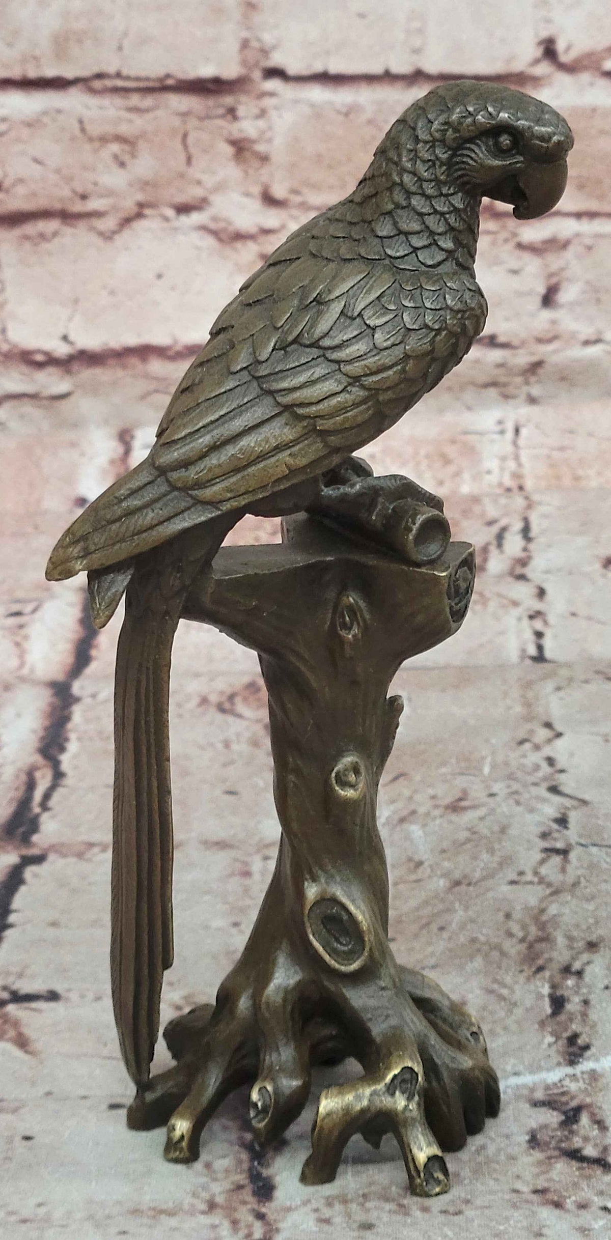 Bronze Parrot Bird Sculpture Perched on Tree Stump Branch