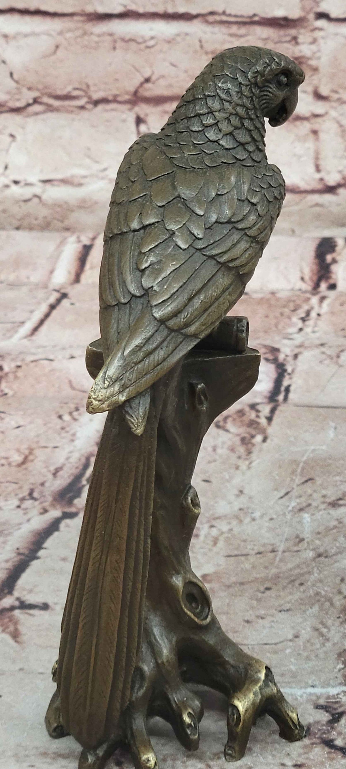 Bronze Parrot Bird Sculpture Perched on Tree Stump Branch