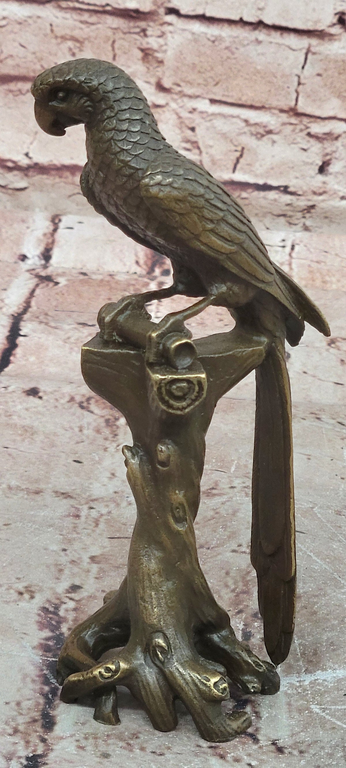 Bronze Parrot Bird Sculpture Perched on Tree Stump Branch