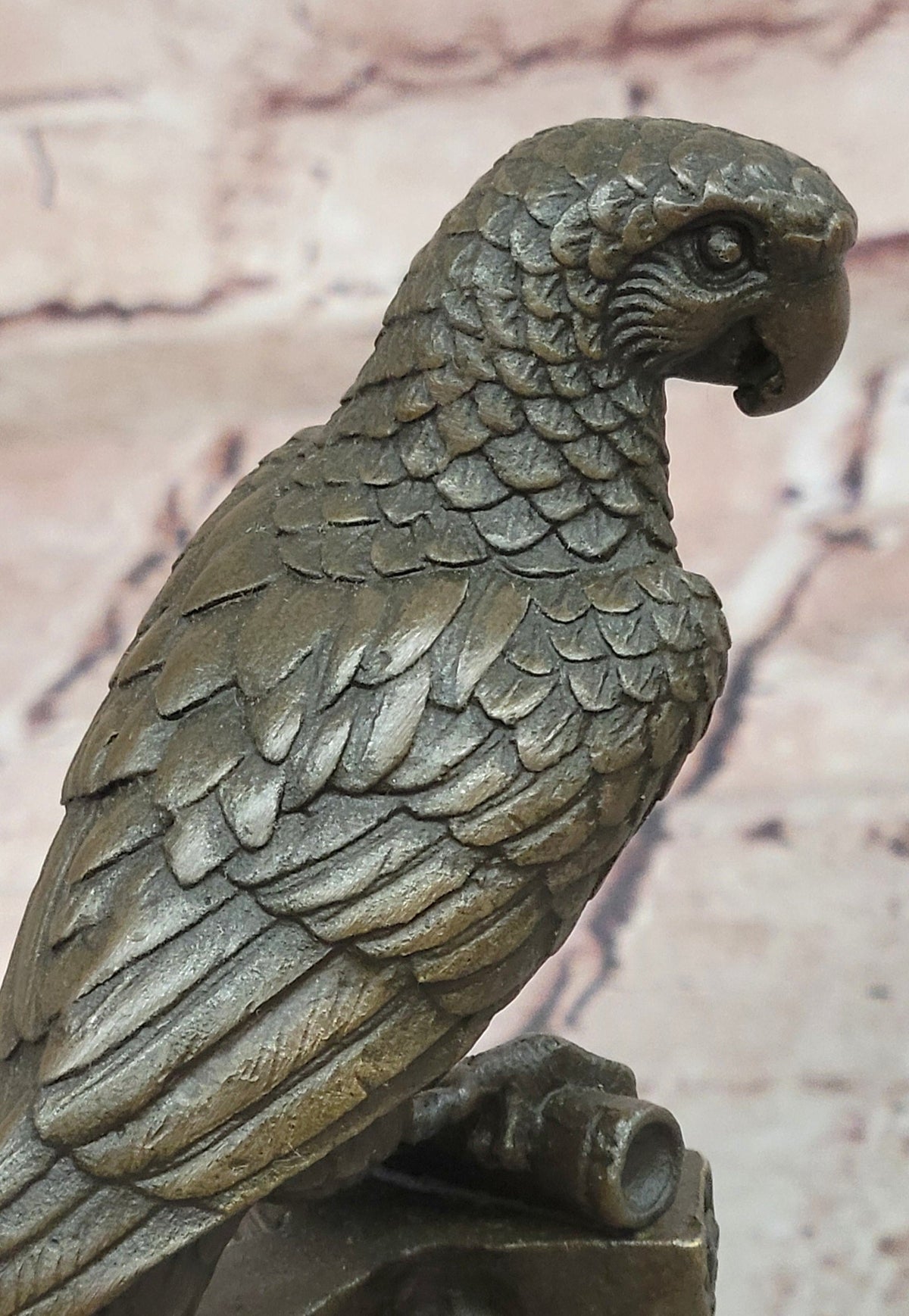 Bronze Parrot Bird Sculpture Perched on Tree Stump Branch