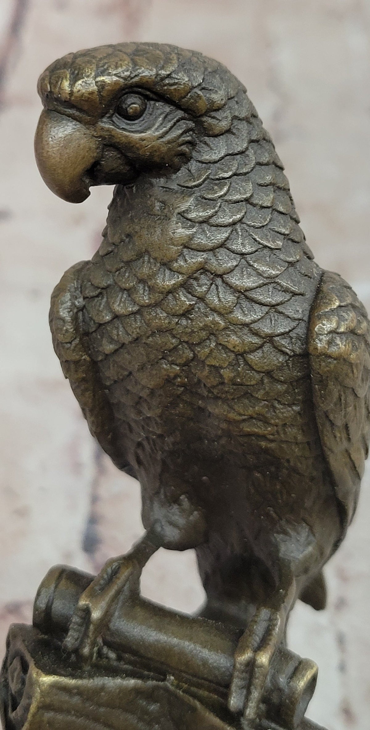 Bronze Parrot Bird Sculpture Perched on Tree Stump Branch