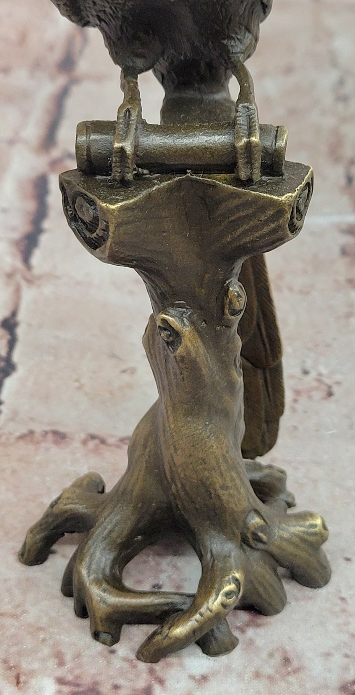 Bronze Parrot Bird Sculpture Perched on Tree Stump Branch