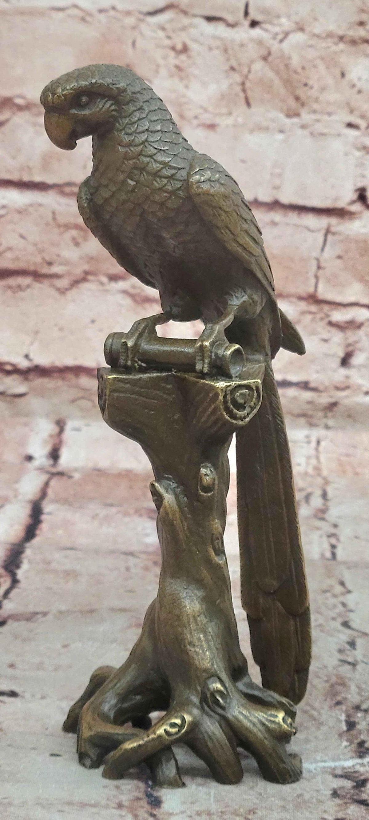 Bronze Parrot Bird Sculpture Perched on Tree Stump Branch