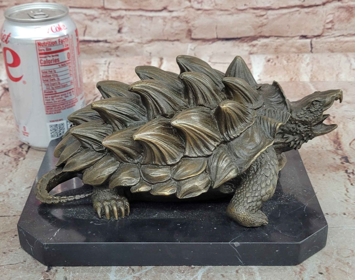 Bronze Snapping Turtle Sculpture with Spiked Shell on Black Marble Base