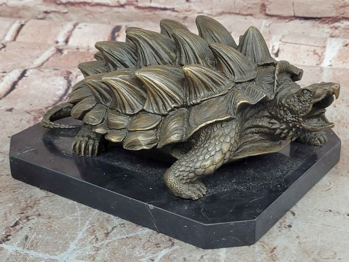 Bronze Snapping Turtle Sculpture with Spiked Shell on Black Marble Base
