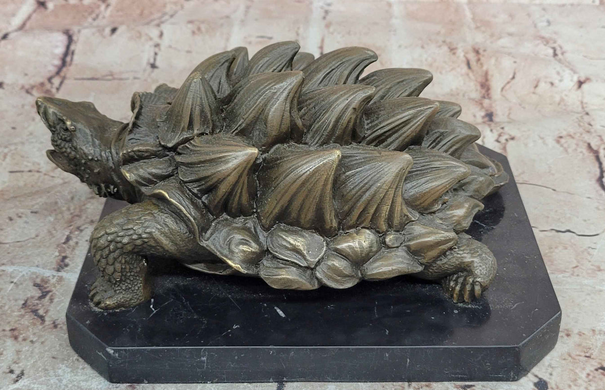 Bronze Snapping Turtle Sculpture with Spiked Shell on Black Marble Base