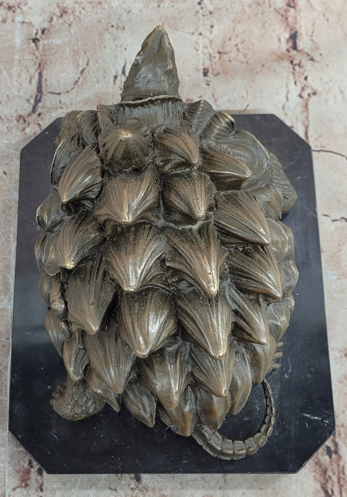 Bronze Snapping Turtle Sculpture with Spiked Shell on Black Marble Base
