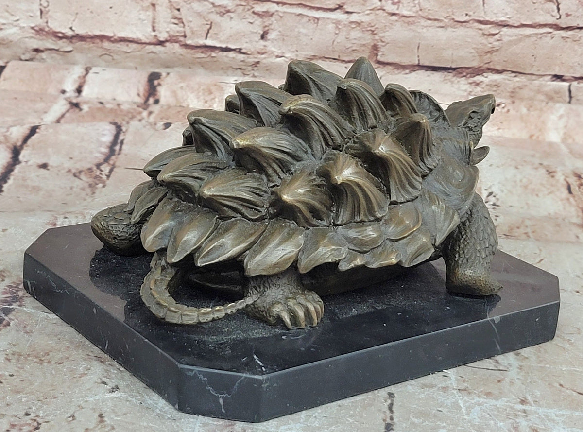 Bronze Snapping Turtle Sculpture with Spiked Shell on Black Marble Base