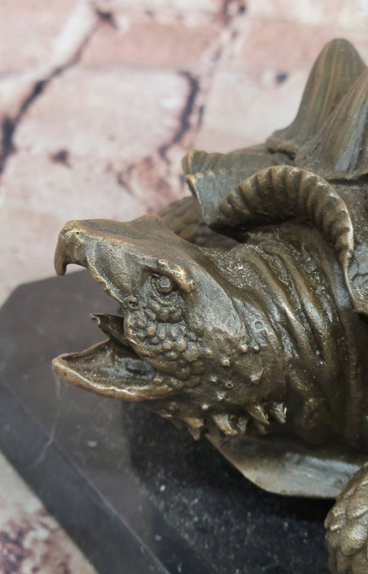Bronze Snapping Turtle Sculpture with Spiked Shell on Black Marble Base