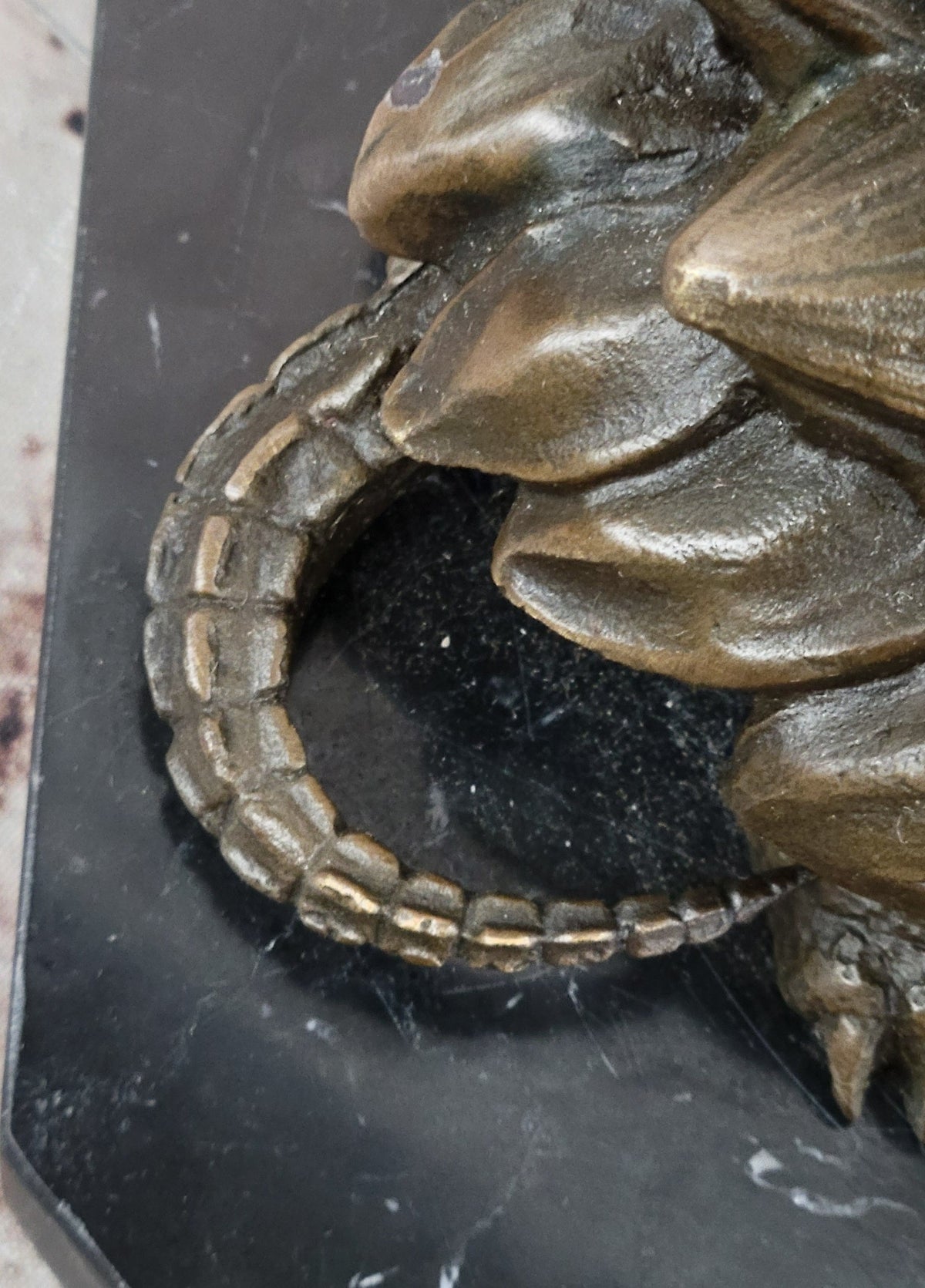 Bronze Snapping Turtle Sculpture with Spiked Shell on Black Marble Base