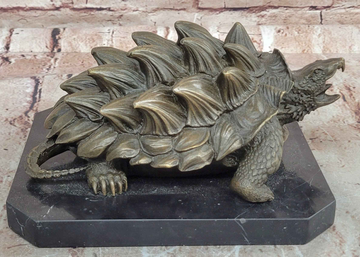 Bronze Snapping Turtle Sculpture with Spiked Shell on Black Marble Base