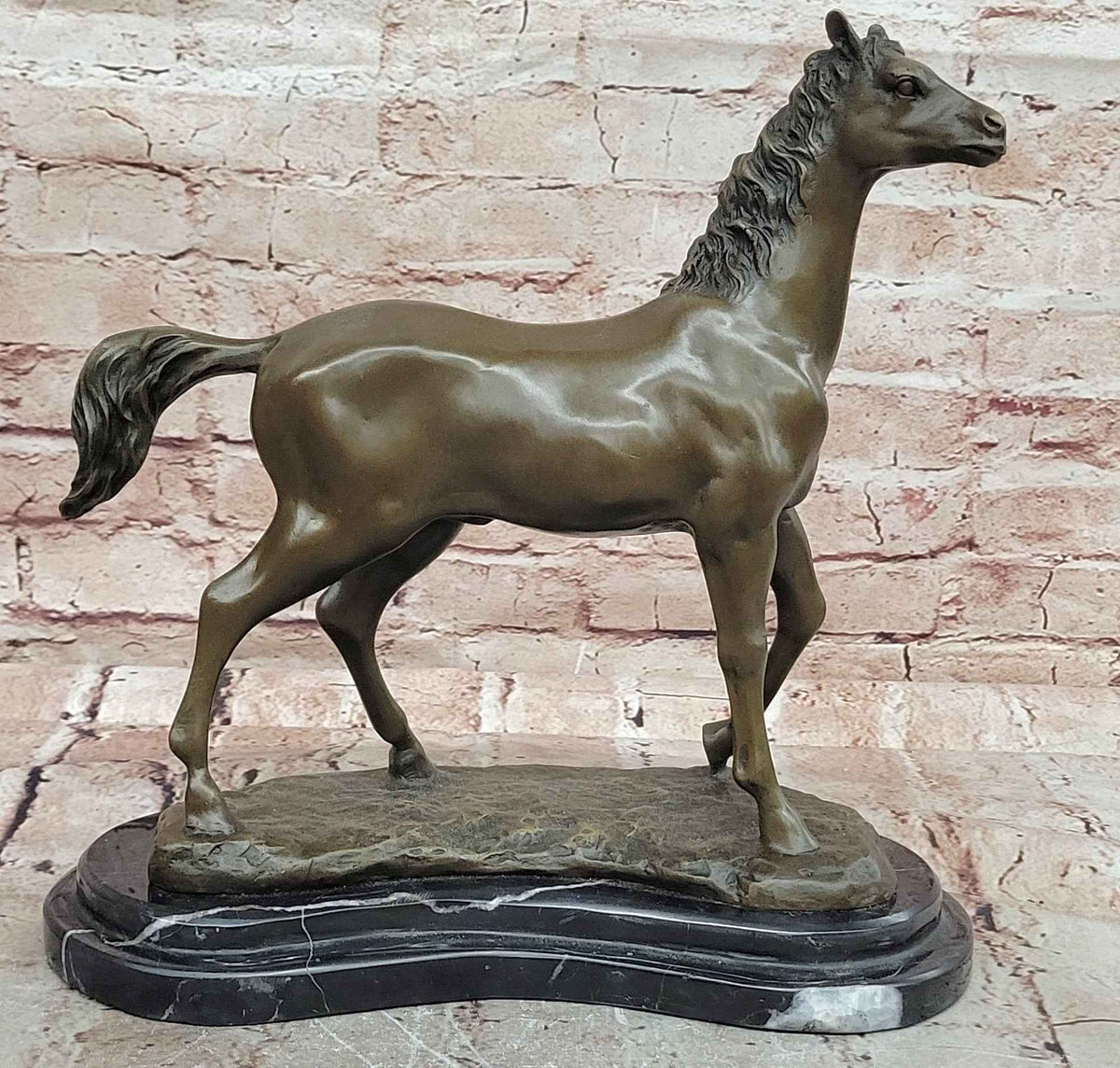 Bronze Horse Sculpture Standing Stallion on Marble Base